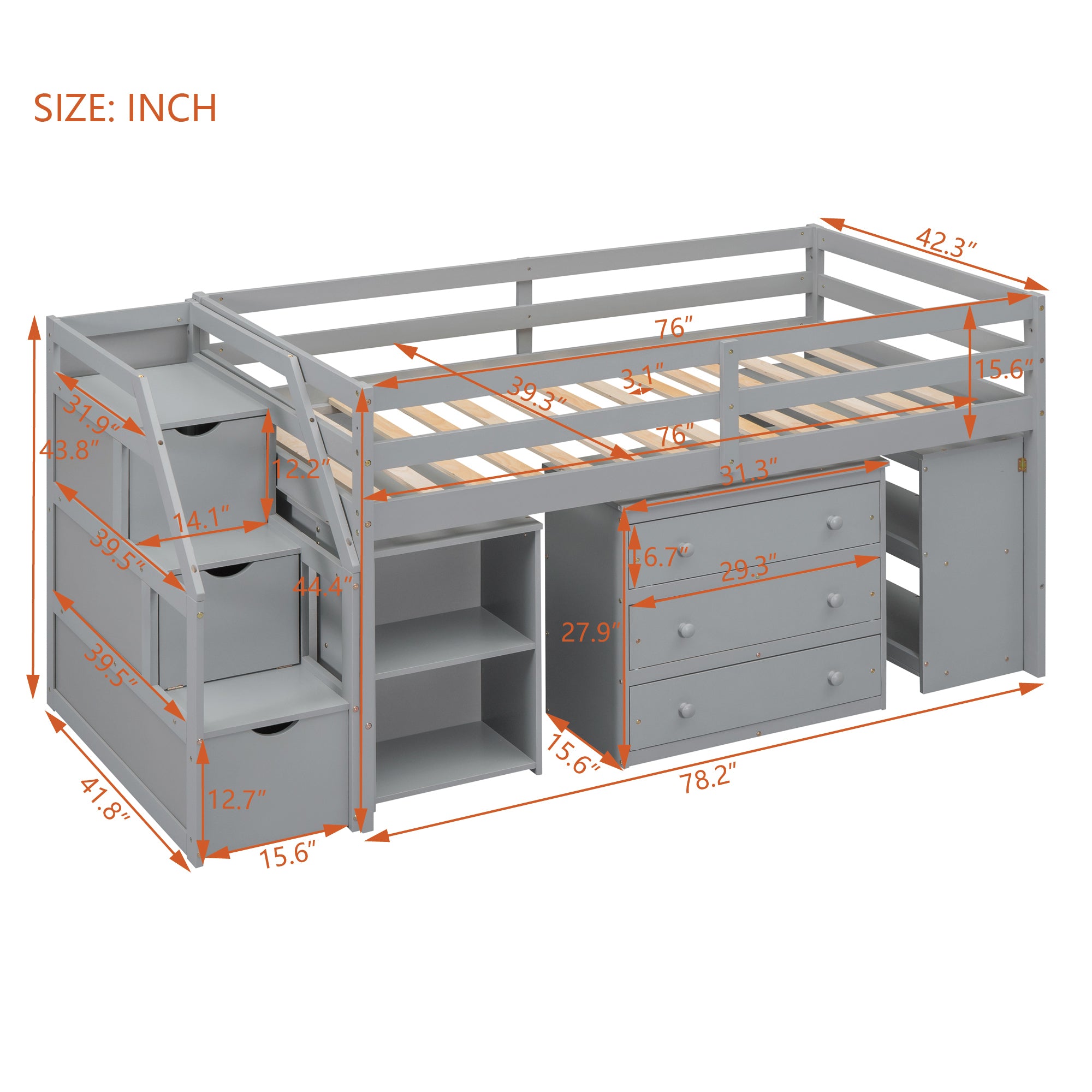 Twin Size Loft Bed with Retractable Writing Desk and 3 Drawers, Wooden Loft Bed with Storage Stairs and Shelves, Gray - Atlantic Fine Furniture Melbourne FL