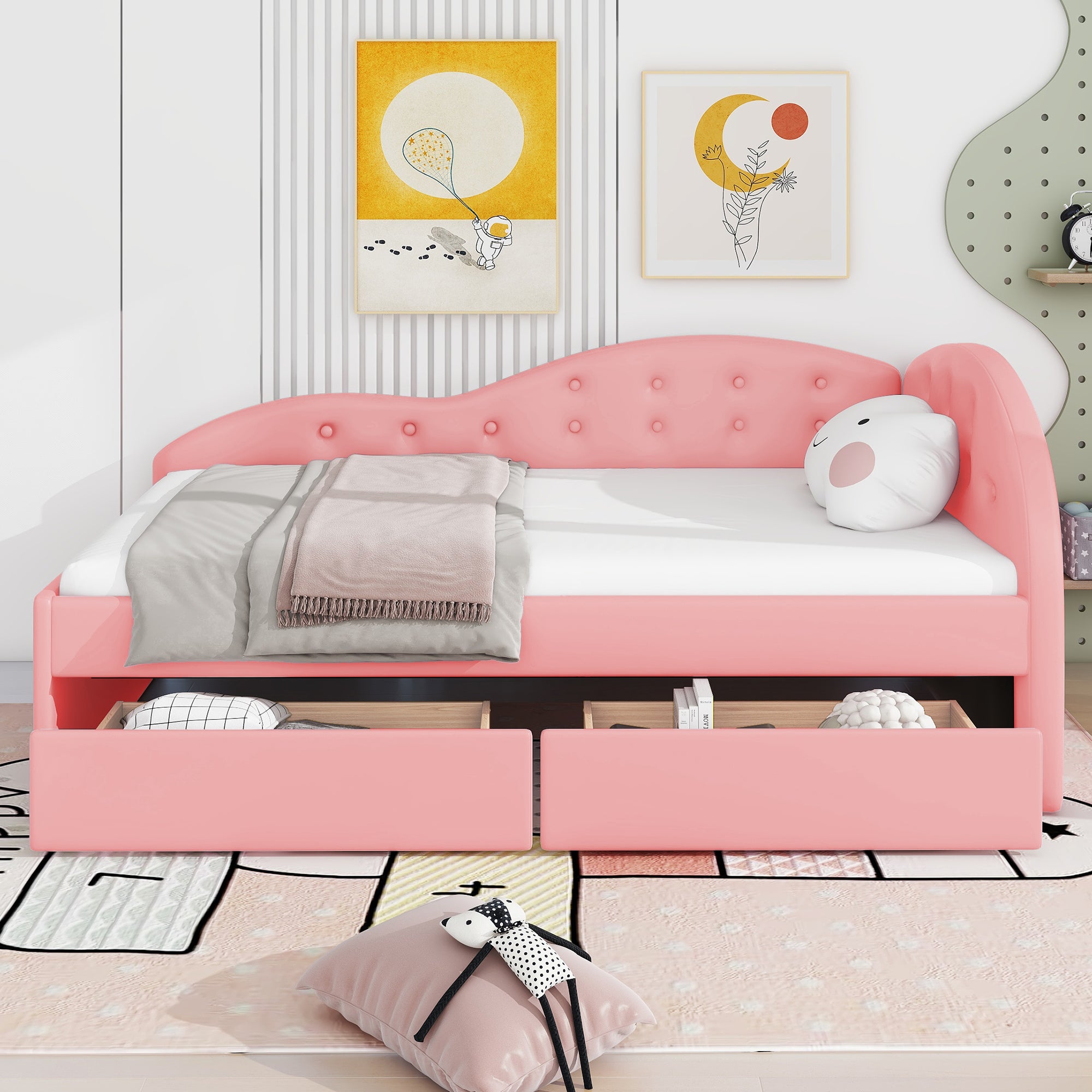 Twin Size PU Upholstered Tufted Daybed with Two Drawers and Cloud Shaped Guardrail, Pink - Atlantic Fine Furniture Melbourne FL