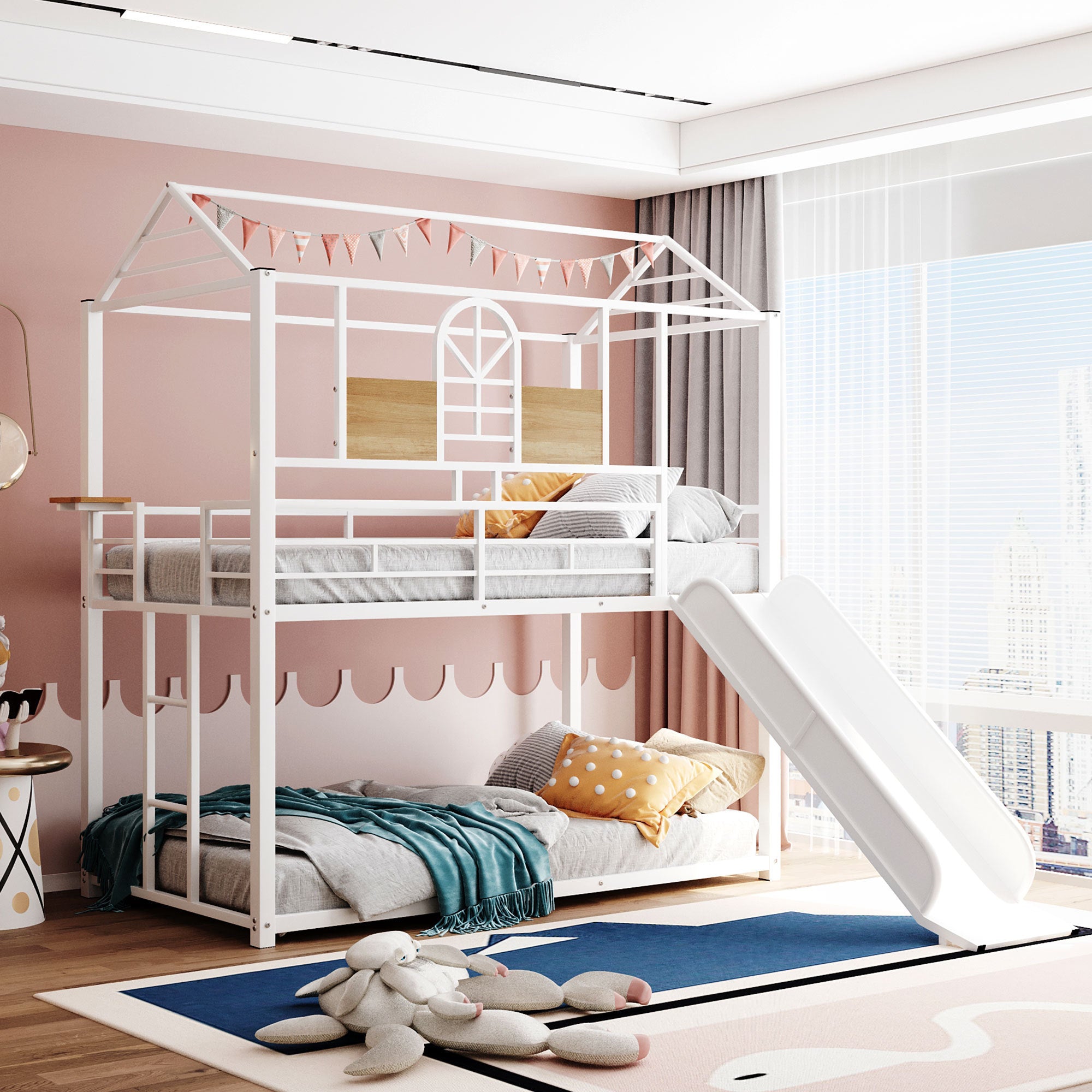 Twin Over Twin Metal Bunk Bed ,Metal Housebed With Slide,Three Colors Available.(White with White Slide)(OLD SKU :LP000095AAK)