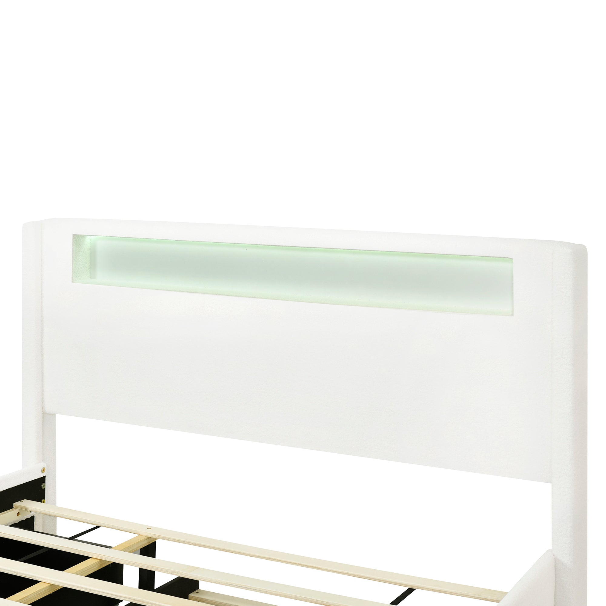 Queen Size Upholstered Platform Bed with LED Frame, with Twin XL Size Trundle and 2 drawers, Teddy Fleece, White - Atlantic Fine Furniture Melbourne FL