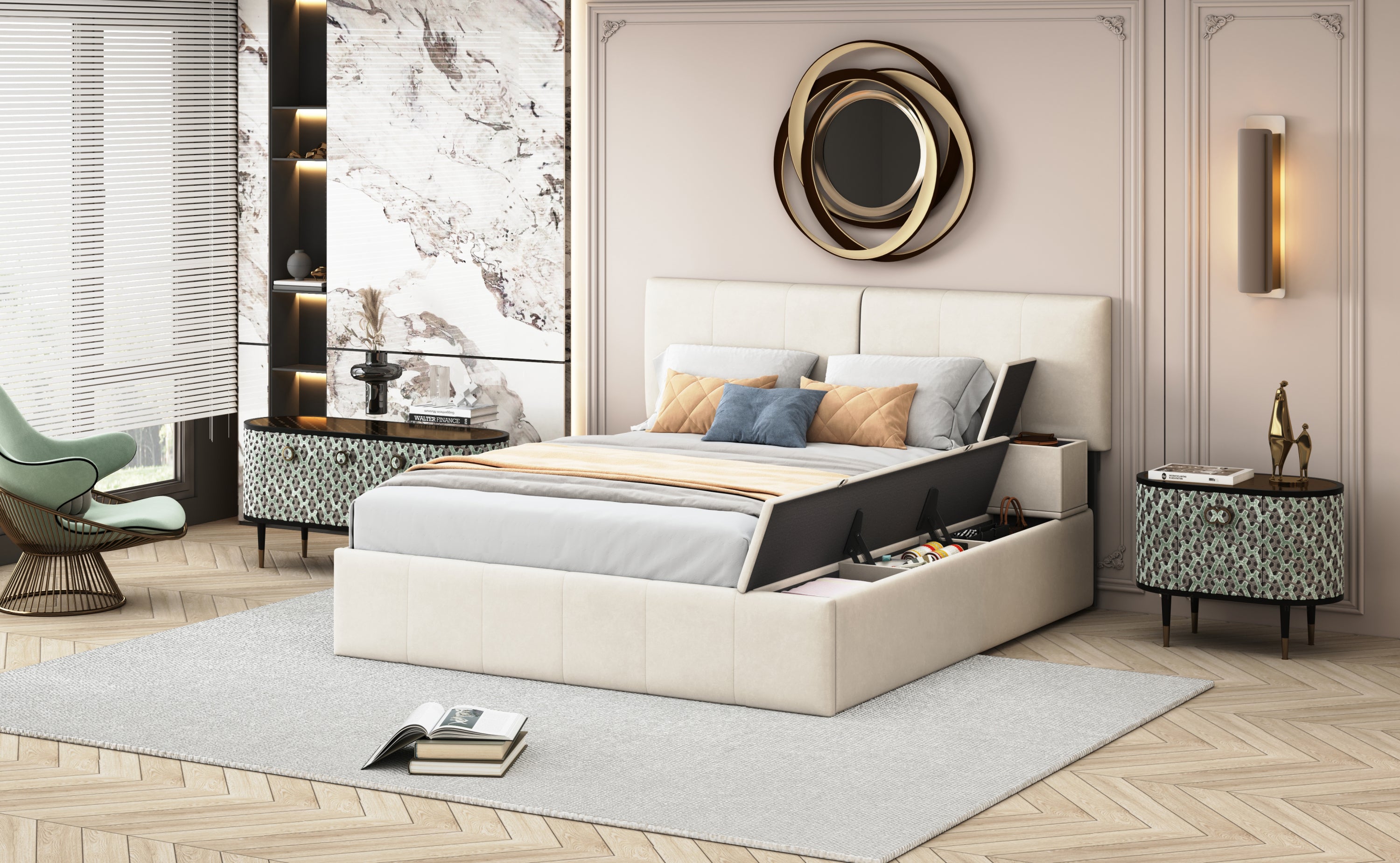 Queen Size Upholstered Platform Bed with Lateral Storage Compartments and Thick Fabric, Velvet, Beige - Atlantic Fine Furniture Melbourne FL