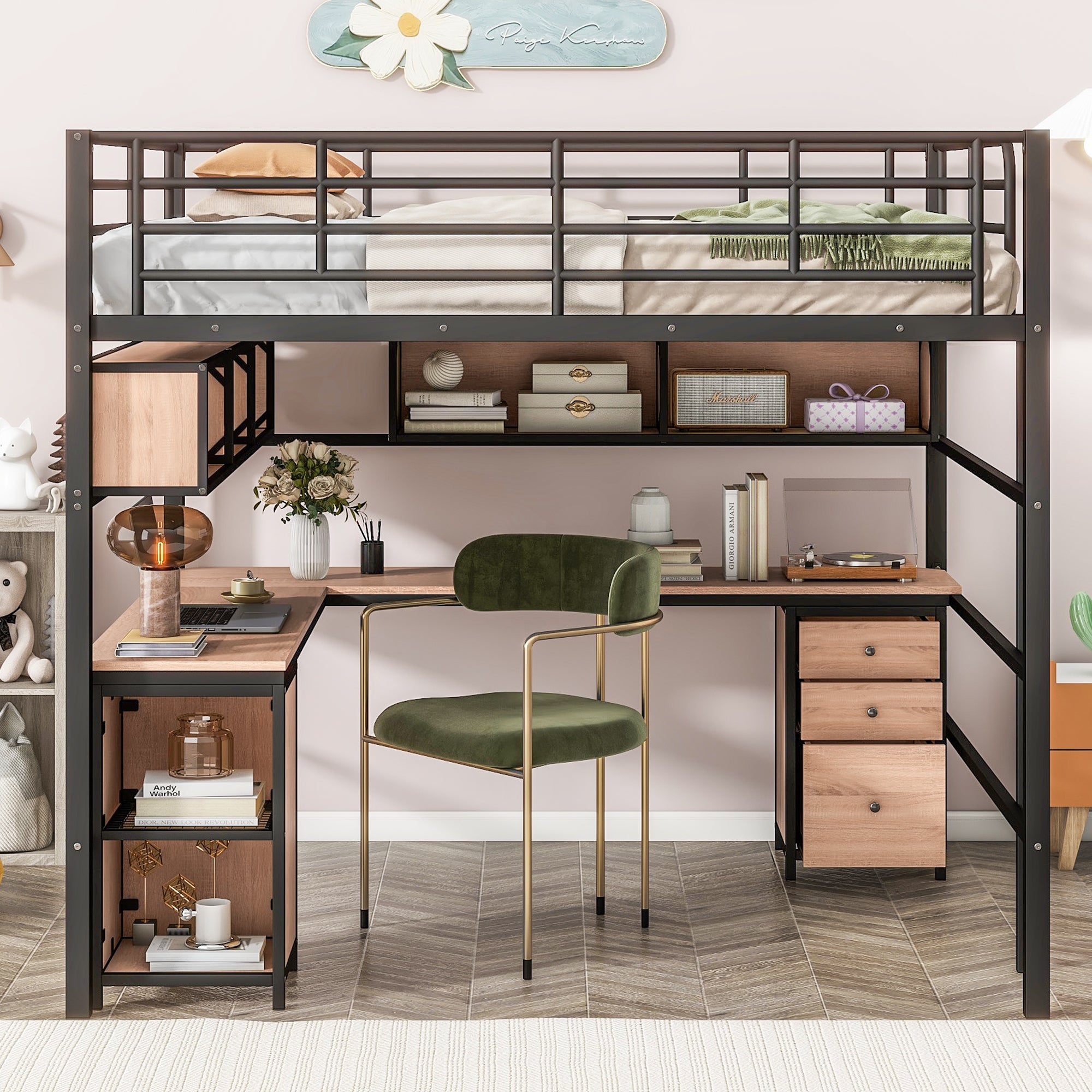 Metal Loft Bed with bookcase, desk and cabinet, Full, Black - Atlantic Fine Furniture Melbourne FL