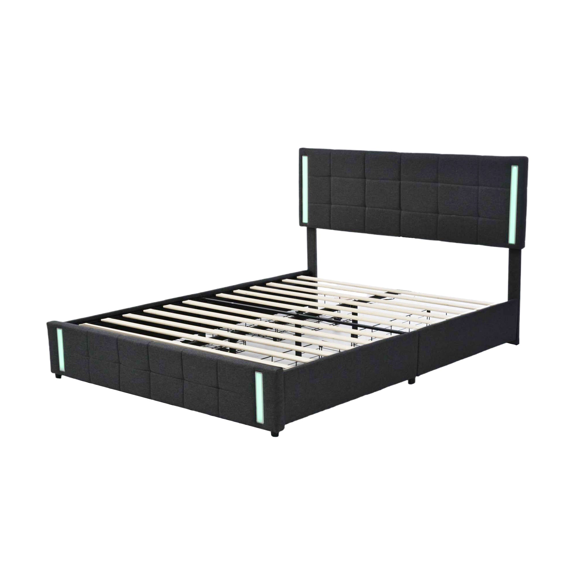 Queen Size Upholstered Platform Bed with LED Lights and USB Charging, Storage Bed with 4 Drawers, Gray(Linen) - Atlantic Fine Furniture Melbourne FL