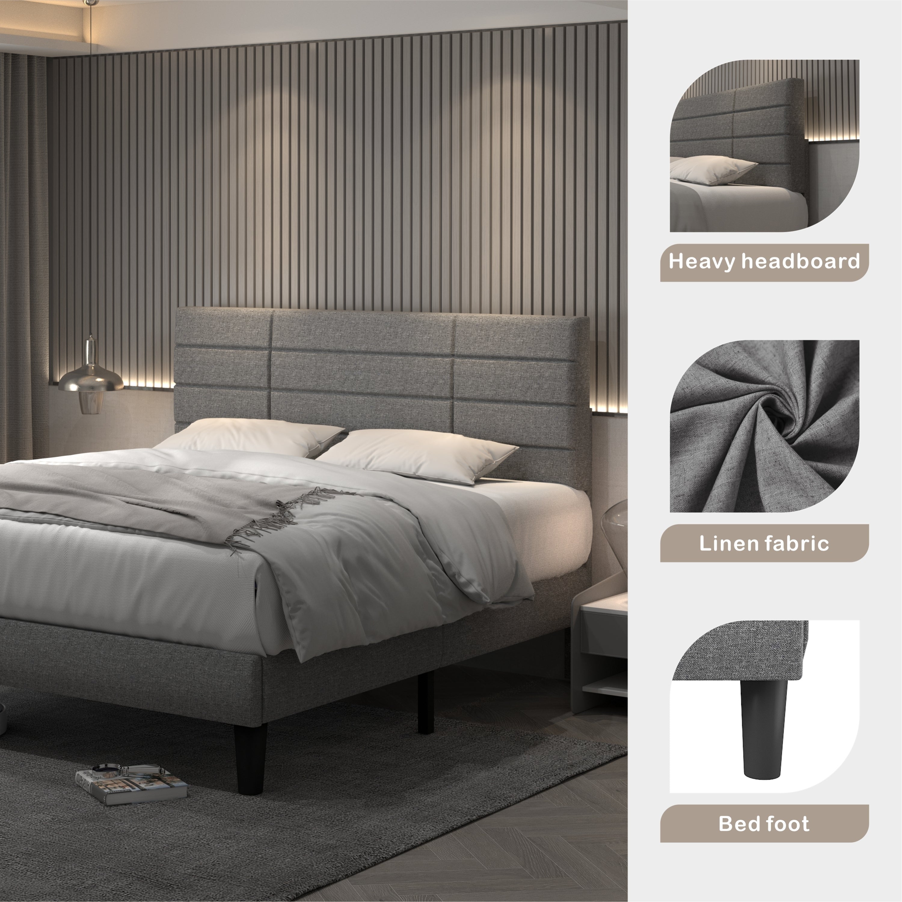 Molblly Full Size Bed Frame with Upholstered Headboard, Strong Frame, and Wooden Slats Support, Non-Slip and Noise-Free, No Box Spring Needed, Easy Assembly, Light Grey - Atlantic Fine Furniture Melbourne FL