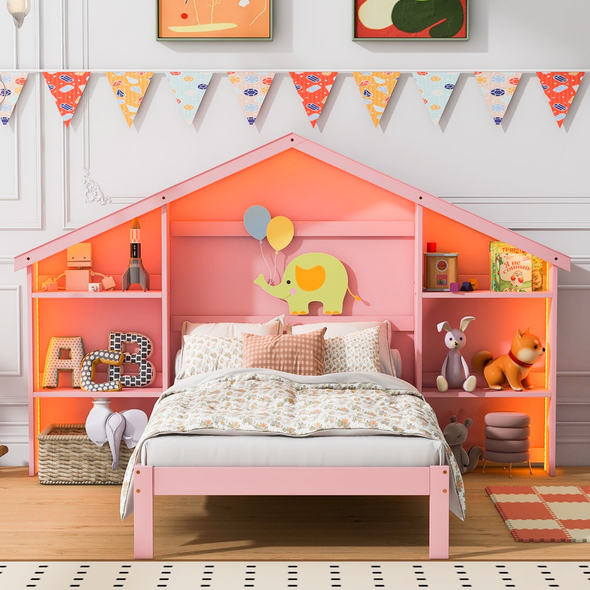 Wood Twin Size Platform Bed with House-shaped Storage Headboard and Built-in LED, Pink - Atlantic Fine Furniture Melbourne FL