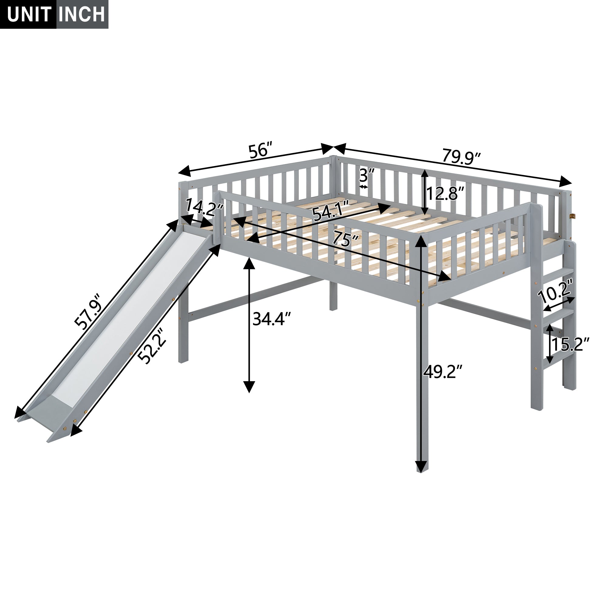 Full Size Low Loft Bed with Ladder and Slide,Gray - Atlantic Fine Furniture Melbourne FL