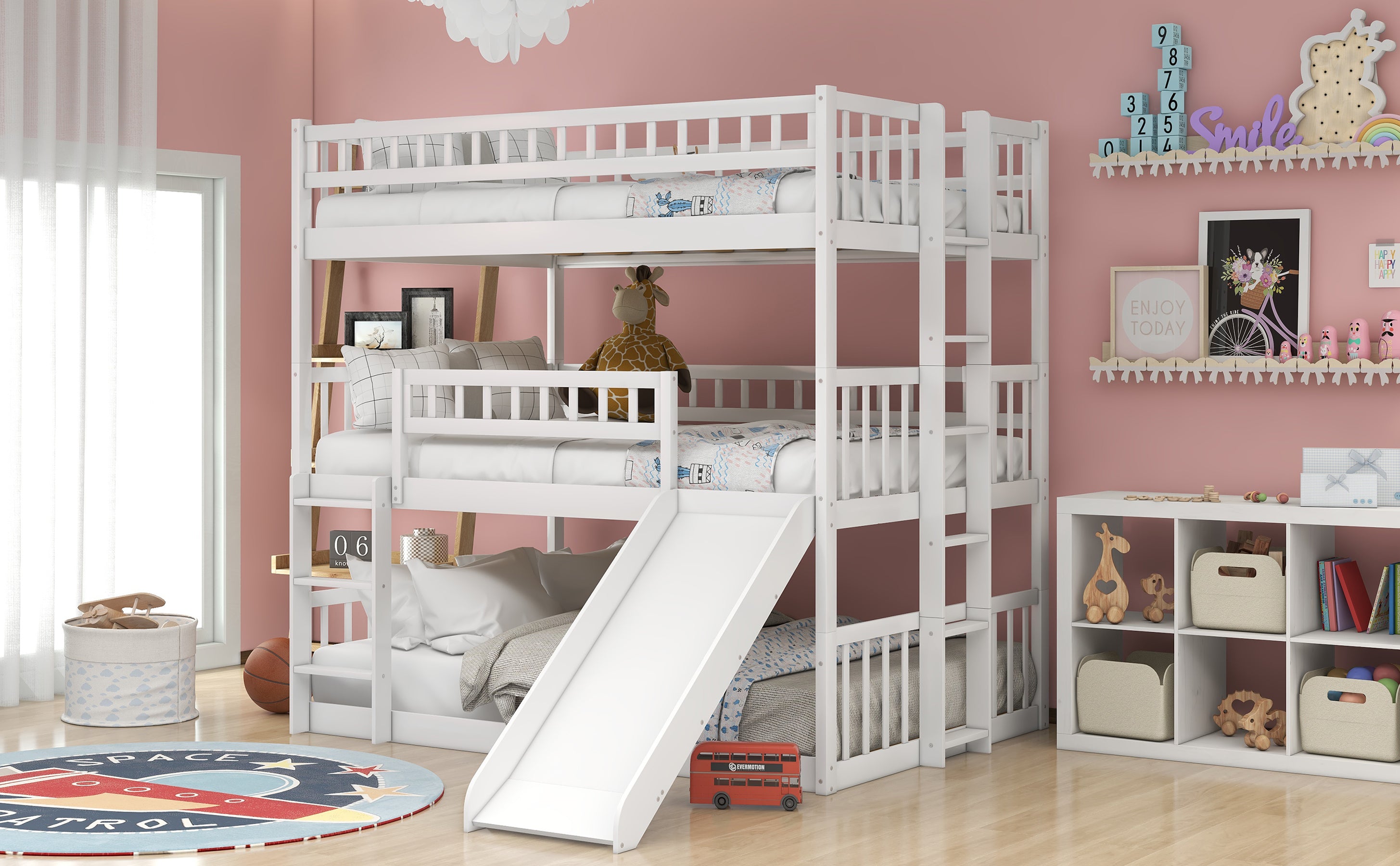 Full-Over-Full-Over-Full Triple Bed with Built-in Ladder and Slide , Triple Bunk Bed with Guardrails, White(OLD SKU :LP000052AAK)