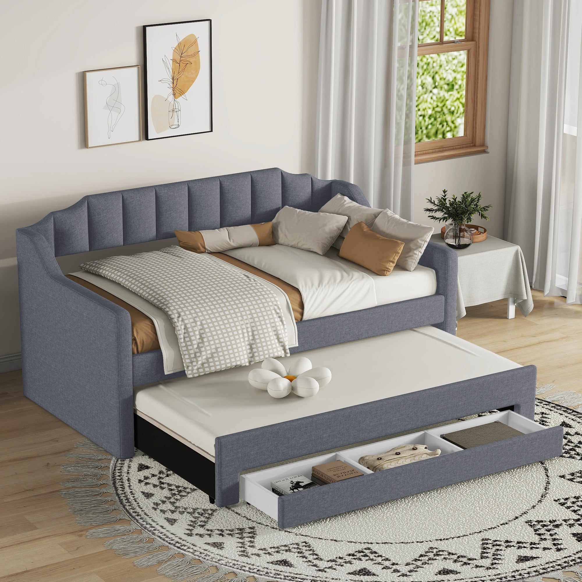 Twin Size Upholstered Daybed with Trundle and Three Drawers,Gray - Atlantic Fine Furniture Melbourne FL