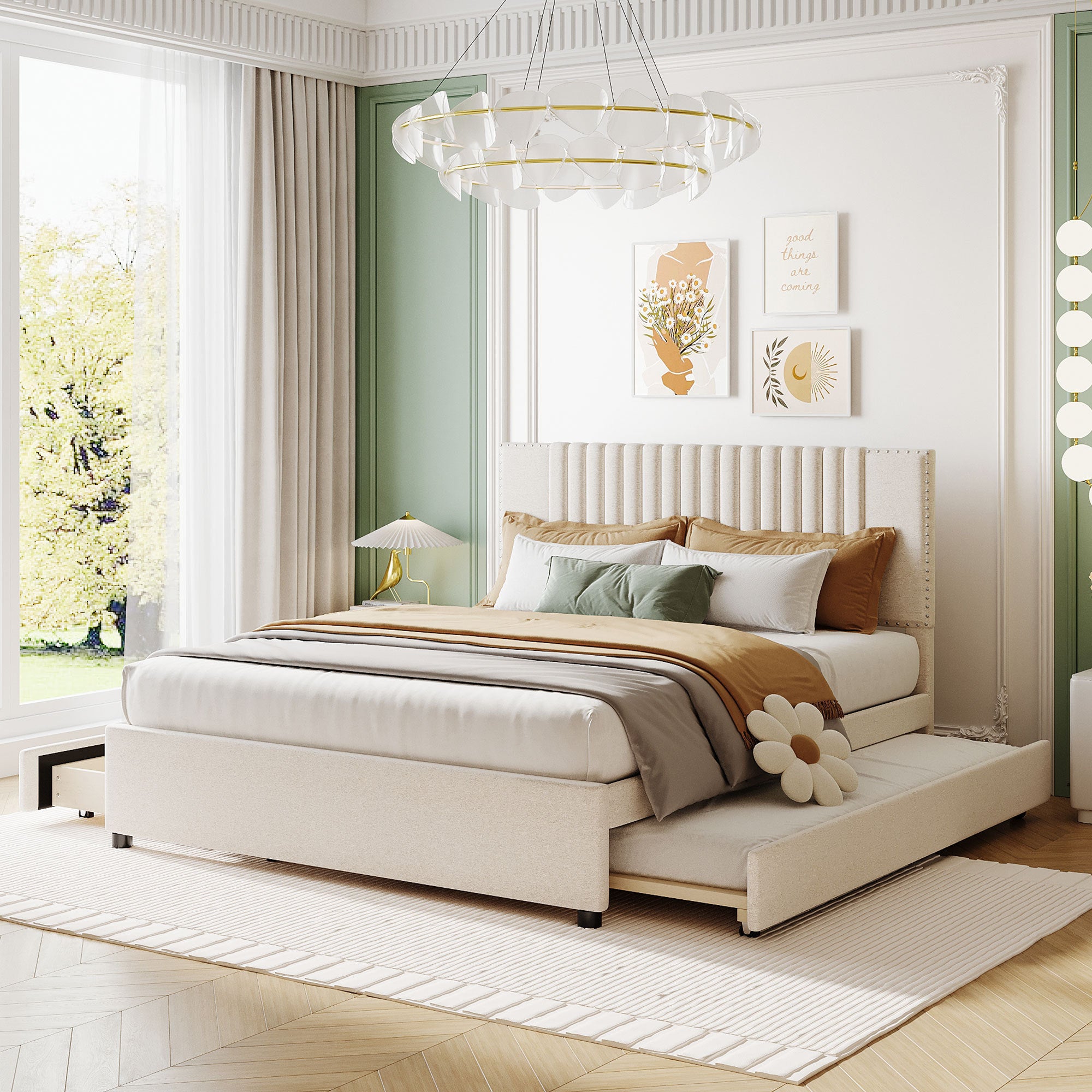 Queen Size Upholstered Platform Bed with 2 Drawers and 1 Twin XL Trundle, Classic Headboard Design, Beige - Atlantic Fine Furniture Melbourne FL