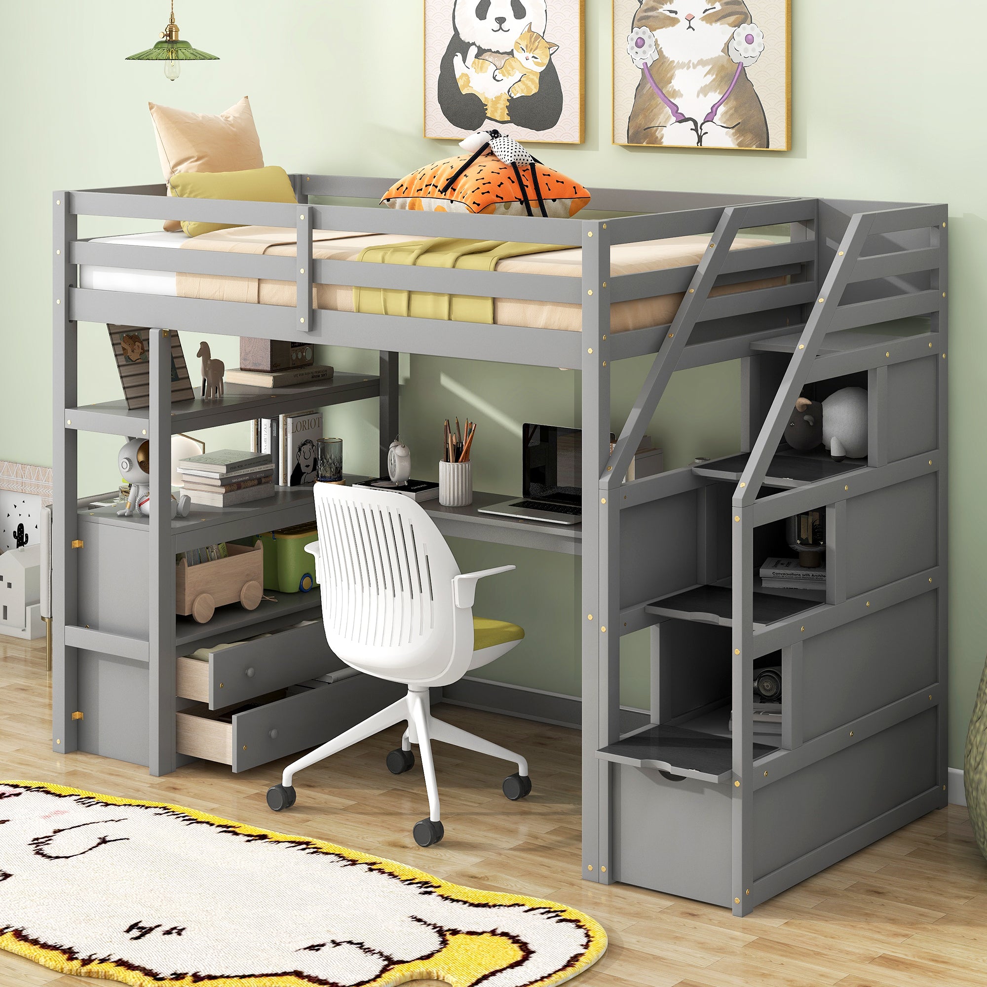 Twin Size Loft Bed with Desk and Shelves, Two Built-in Drawers, Storage Staircase, Gray - Atlantic Fine Furniture Melbourne FL