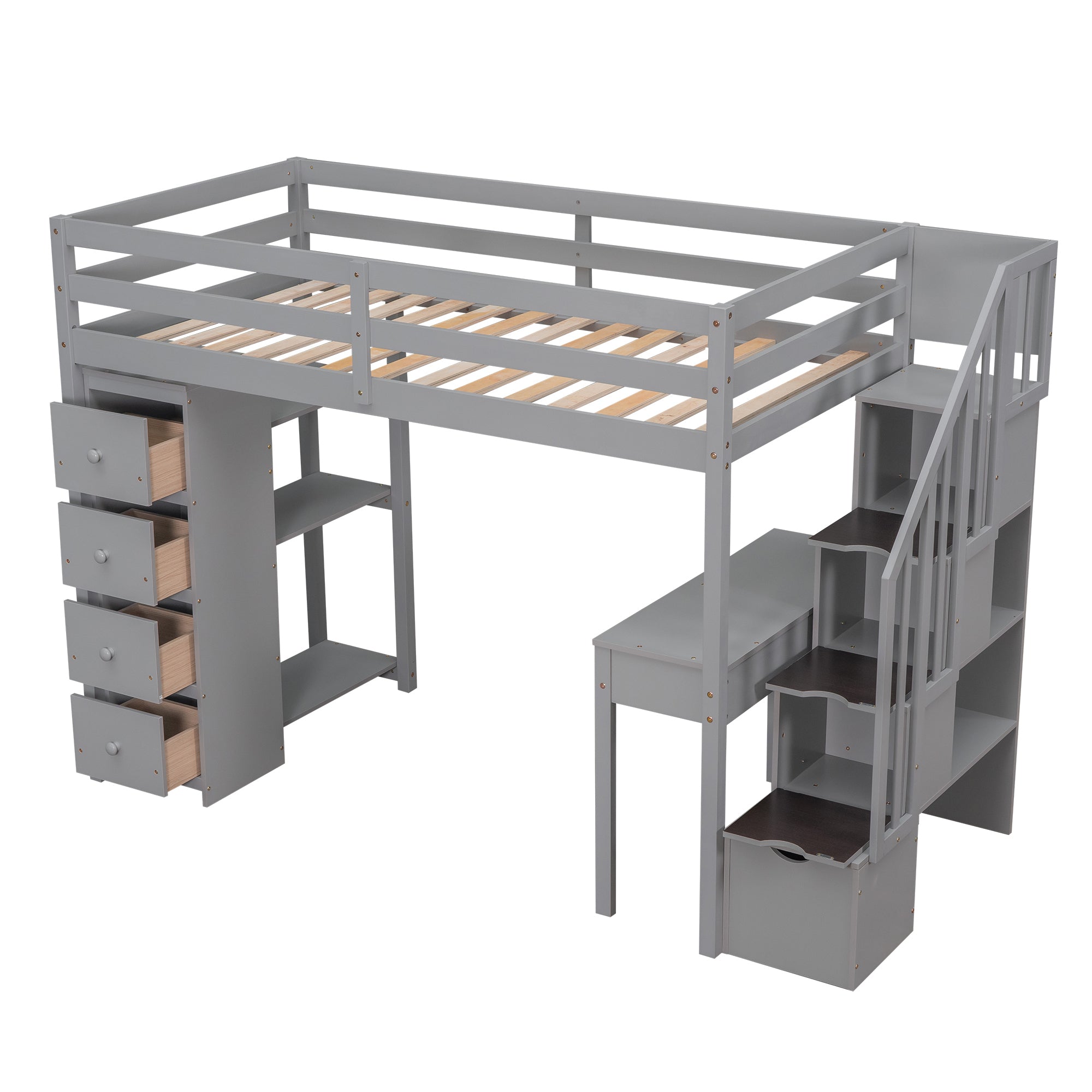 Twin size Loft Bed with Storage Drawers ,Desk and Stairs, Wooden Loft Bed with Shelves - Gray - Atlantic Fine Furniture Melbourne FL