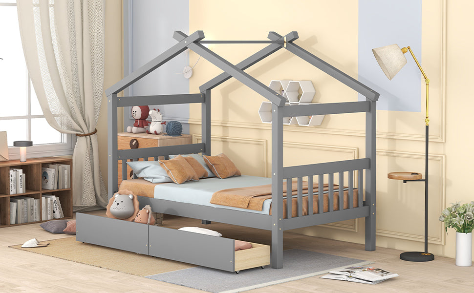 Twin Size Wooden House Bed with Drawers, Gray - Atlantic Fine Furniture Melbourne FL