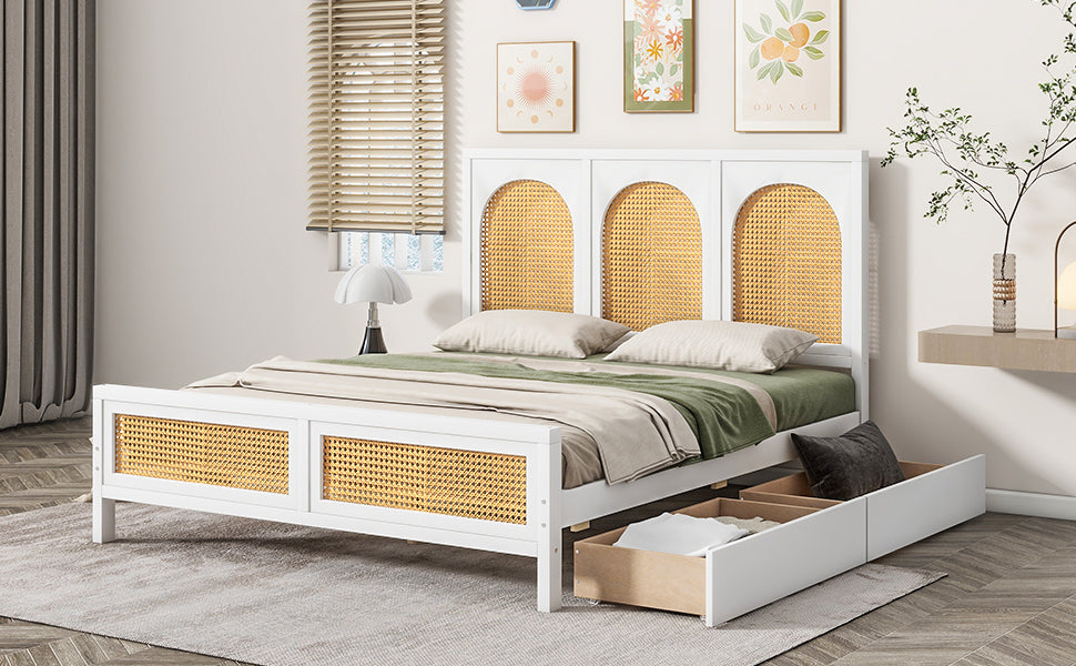 Full Size Wood Storage Platform Bed with 2 Drawers, Rattan Headboard and Footboard, White - Atlantic Fine Furniture Melbourne FL