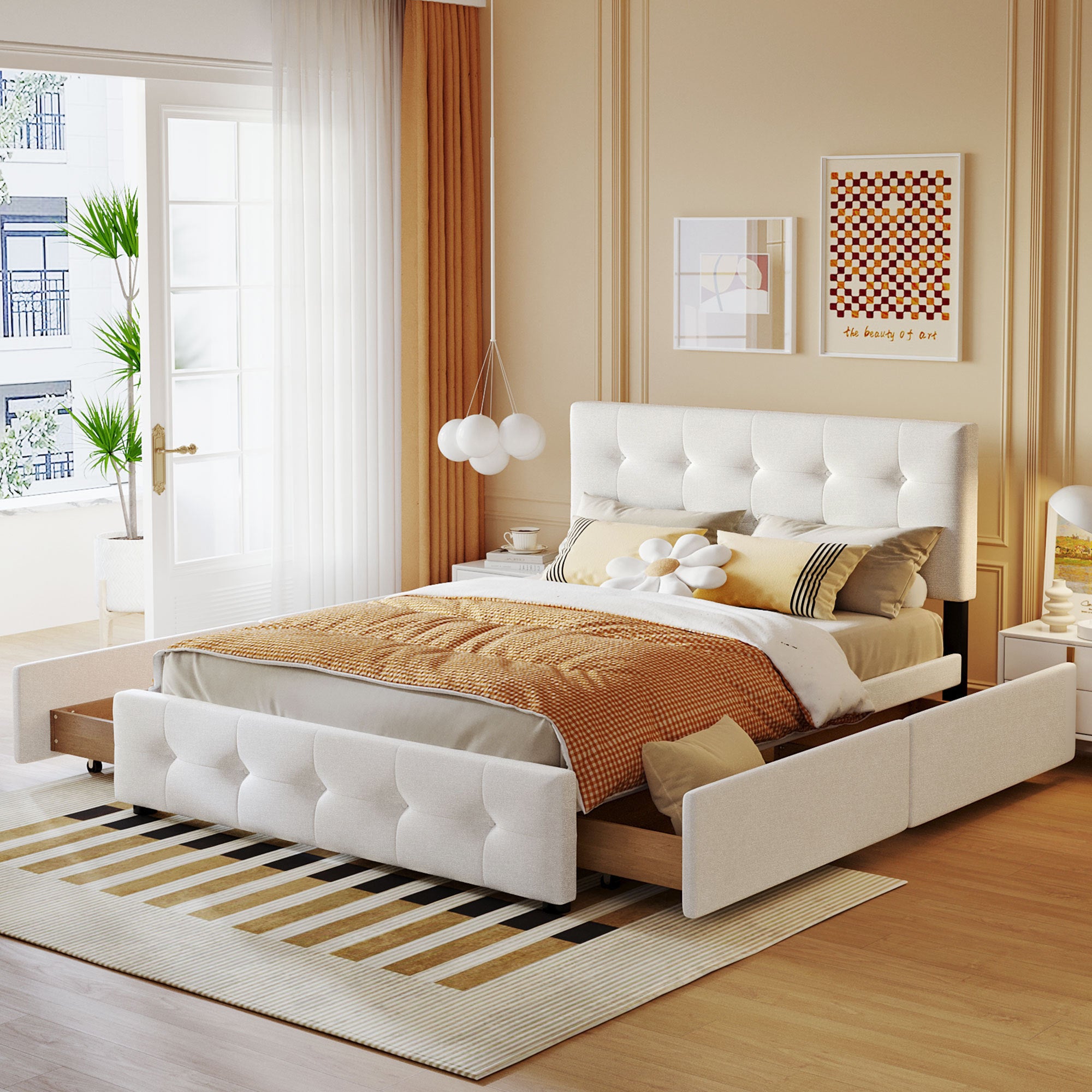 Upholstered Platform Bed with Classic Headboard and 4 Drawers, No Box Spring Needed, Linen Fabric, Queen Size White - Atlantic Fine Furniture Melbourne FL