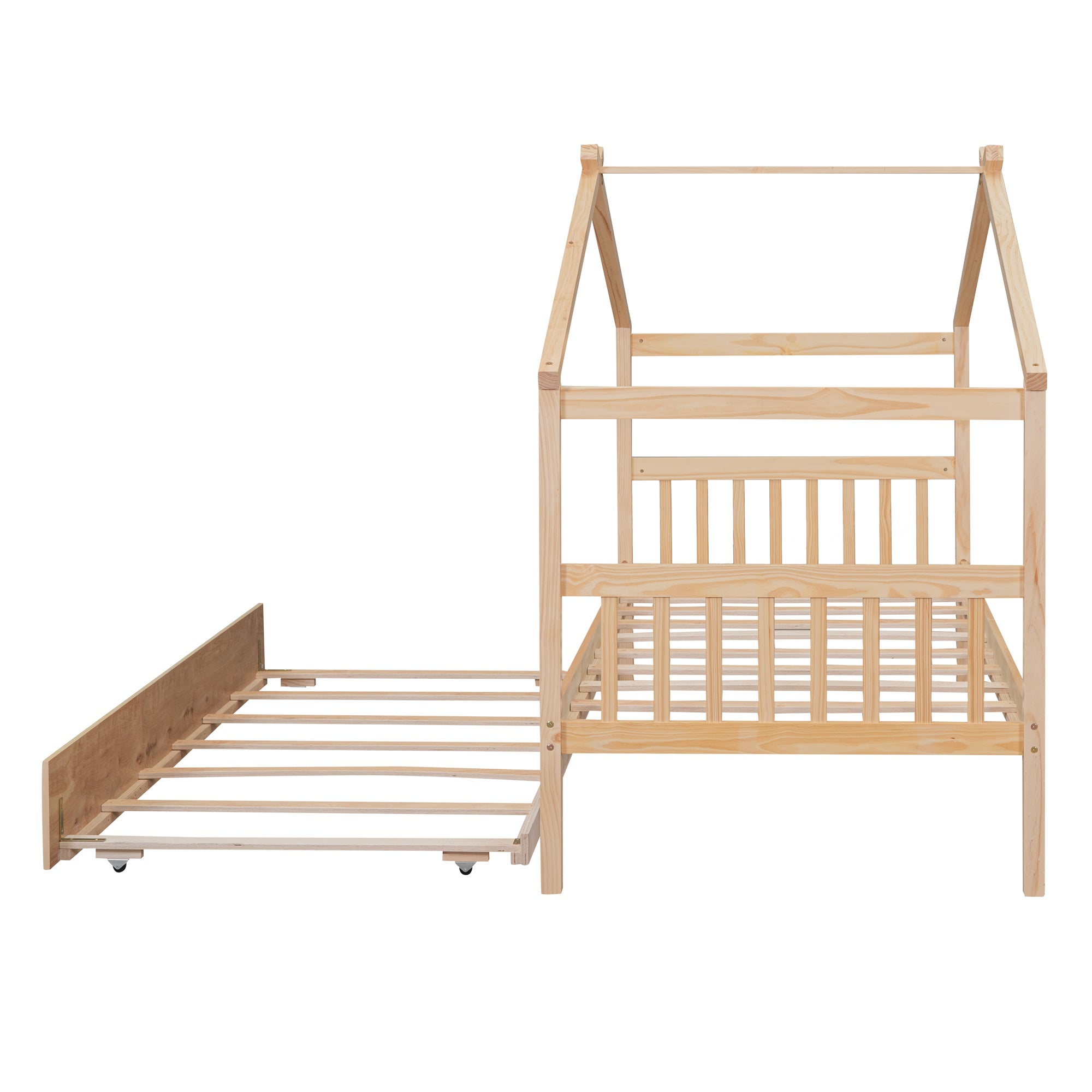 Twin Size Wooden House Bed with Twin Size Trundle, Natural - Atlantic Fine Furniture Melbourne FL