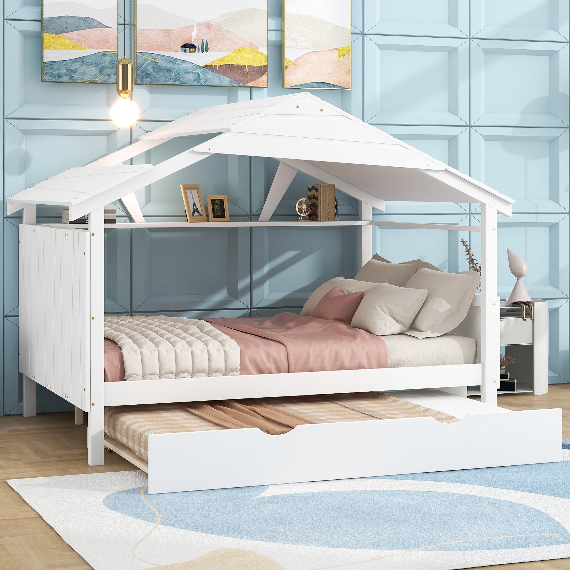 Wood Full Size House Bed with Twin Size Trundle and Storage, White - Atlantic Fine Furniture Melbourne FL