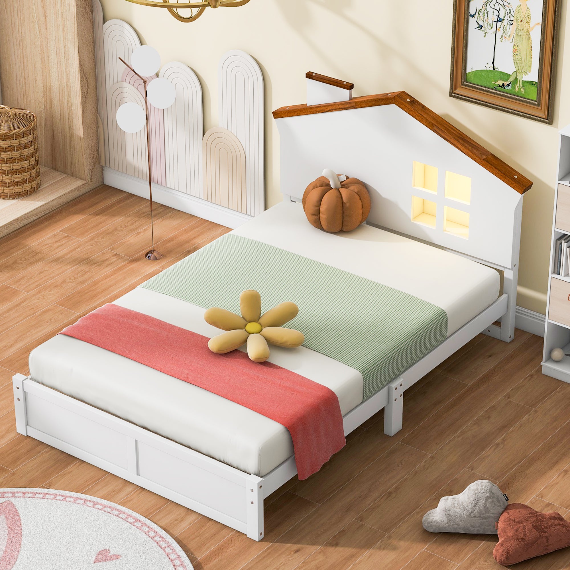 Twin Size Wood Platform Bed with House-shaped Headboard and Built-in LED, Walnut+White - Atlantic Fine Furniture Melbourne FL
