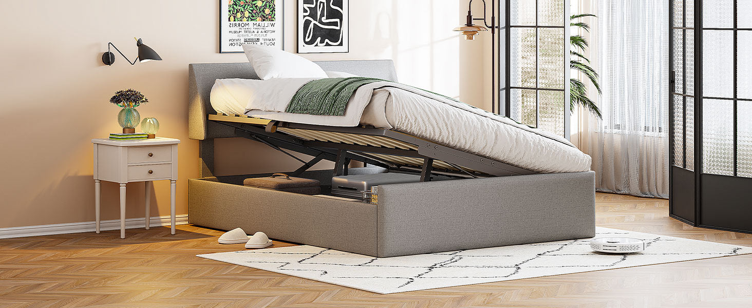 Full Size Sleigh Bed with Side-Tilt Hydraulic Storage System, Linen Upholstery, Gray - Atlantic Fine Furniture Melbourne FL