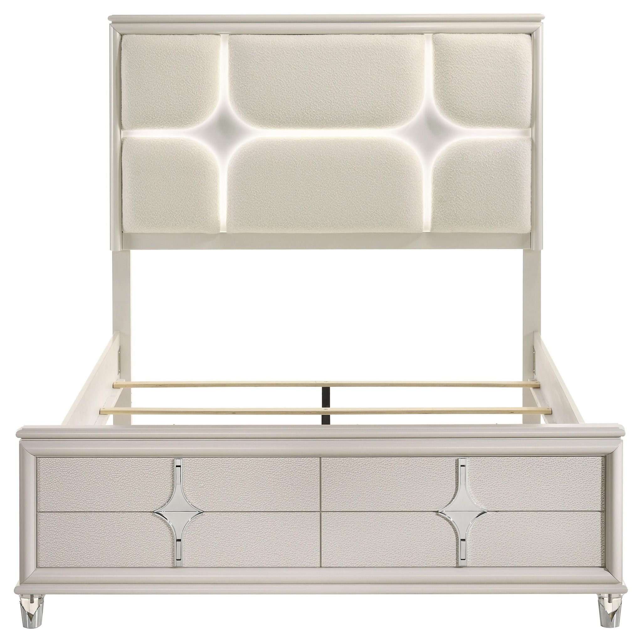 Olivia Queen Panel Bed LED Headboard Pearl White