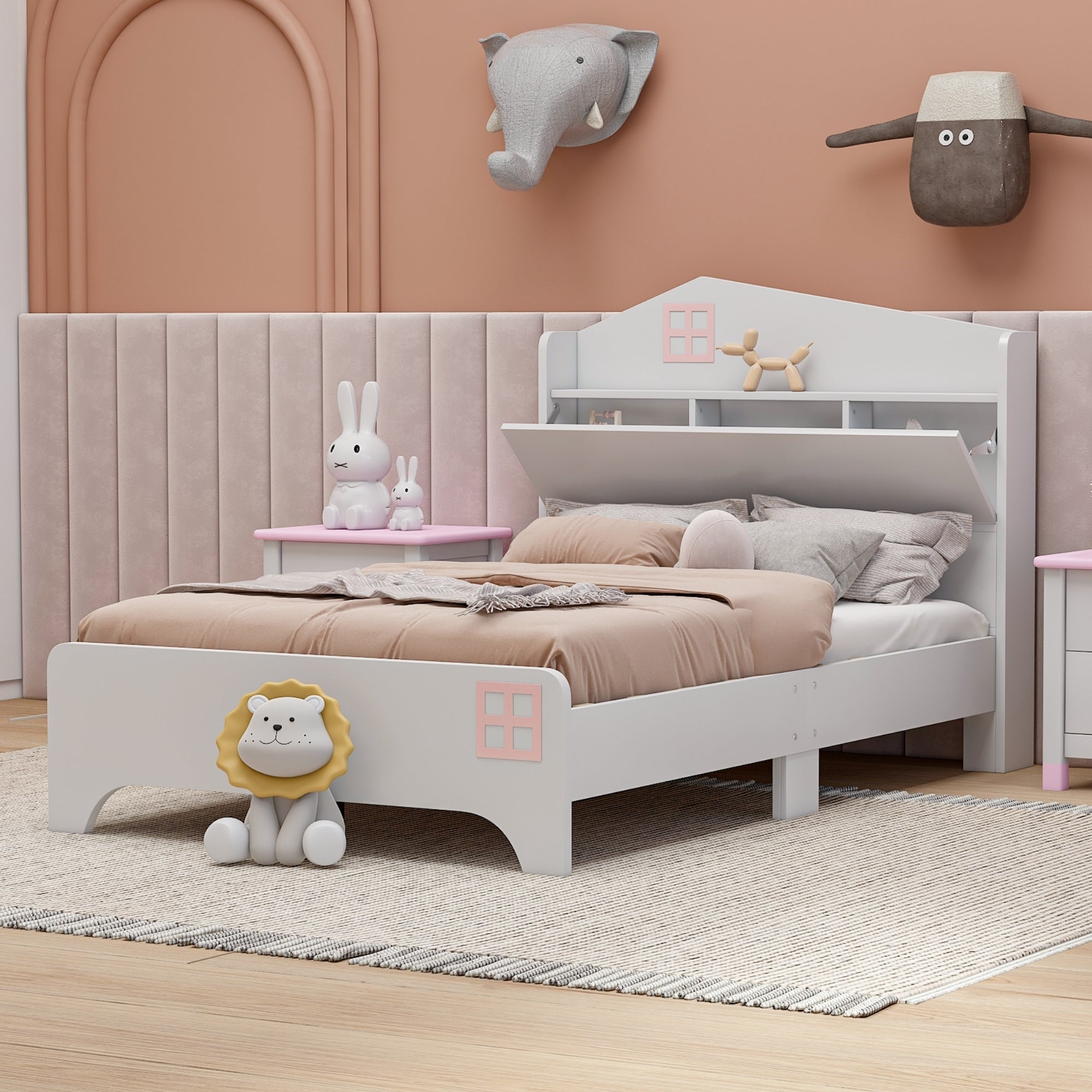 Wooden Twin Size House Bed with Storage Headboard ,Kids Bed with Storage Shelf, White - Atlantic Fine Furniture Melbourne FL