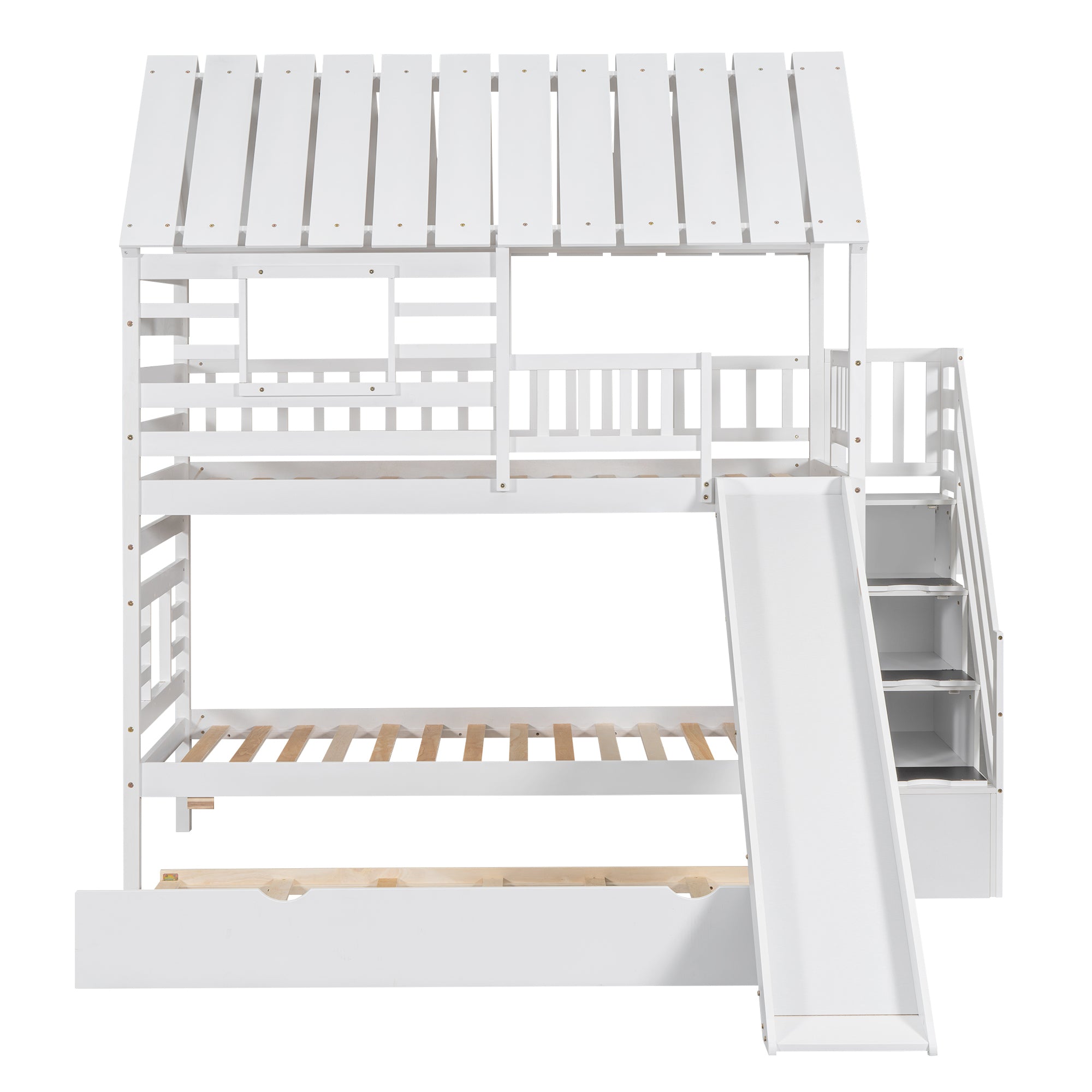 Twin over Twin House Bunk Bed with Trundle and Slide, Storage Staircase, Roof and Window Design, White(Old SKU: GX000931AAK) - Atlantic Fine Furniture Melbourne FL