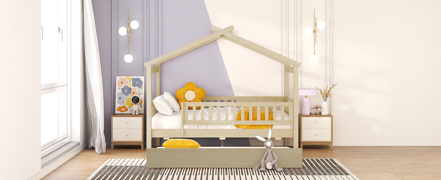 Full Size Wooden House Bed with Twin Size Trundle, Natural - Atlantic Fine Furniture Melbourne FL