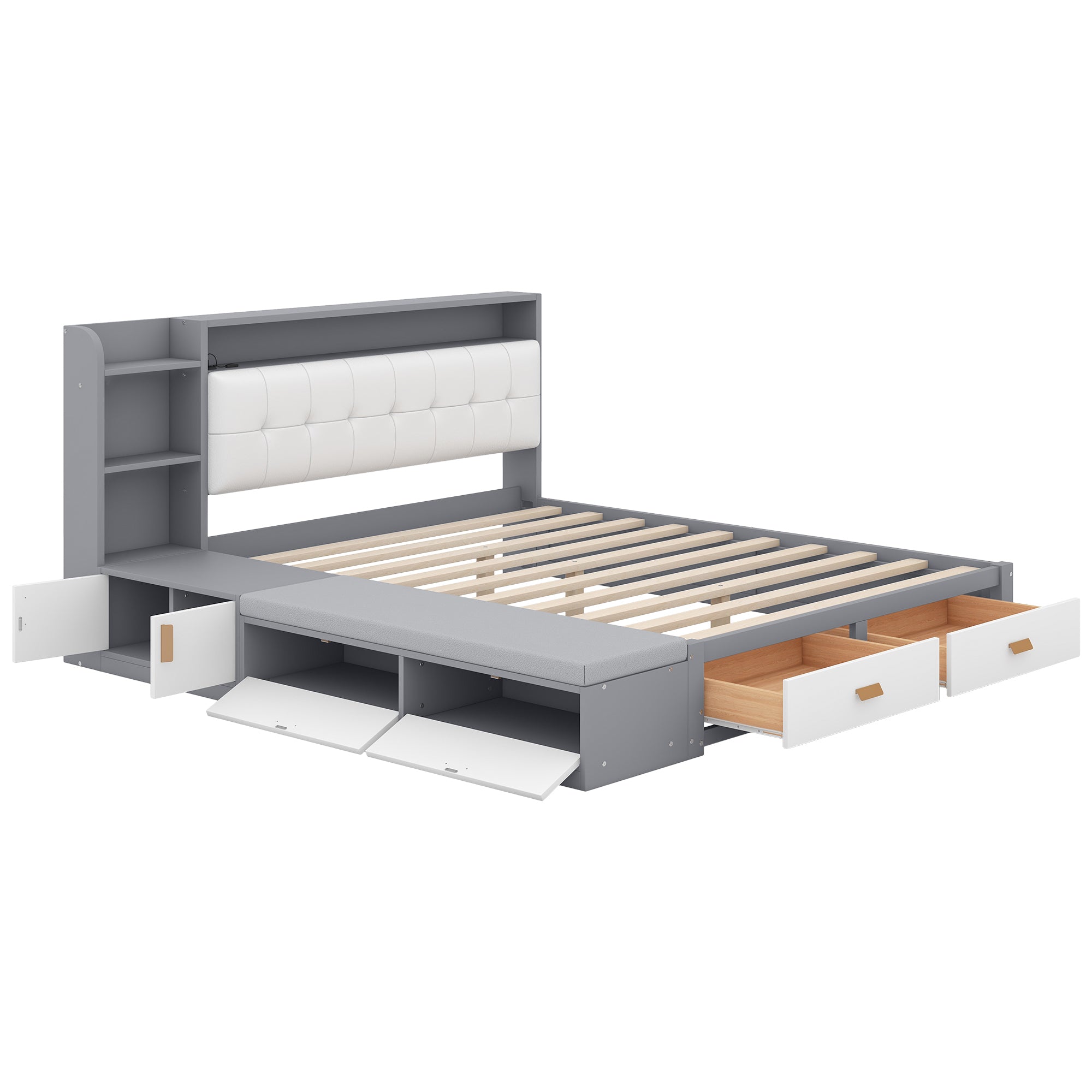 Queen Size Low Profile Platform Bed Frame with Upholstery Headboard and Storage Shelves and Drawers,USB Charging Design,Gray - Atlantic Fine Furniture Melbourne FL