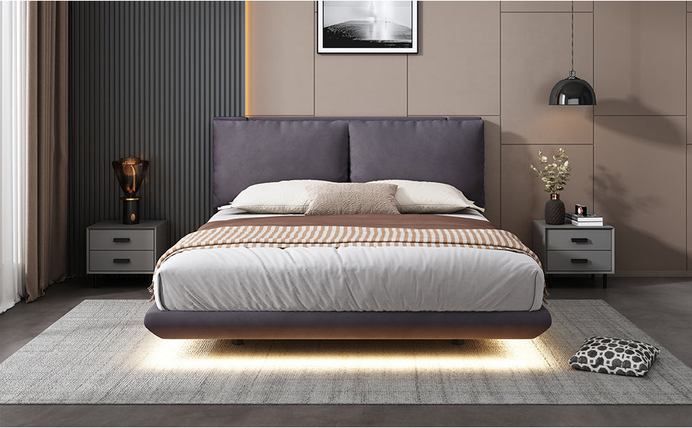 Queen Size Upholstered Platform Bed with Sensor Light and 2 Large Backrests, Stylish Platform Bed with 2 sets of USB Port and Socket on each rear Bed Leg, Gray - Atlantic Fine Furniture Melbourne FL