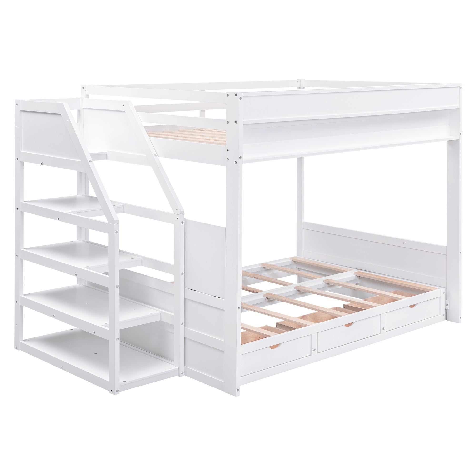 Wood Full Size Convertible Bunk Bed with Storage Staircase, Bedside Table, and 3 Drawers, White - Atlantic Fine Furniture Melbourne FL