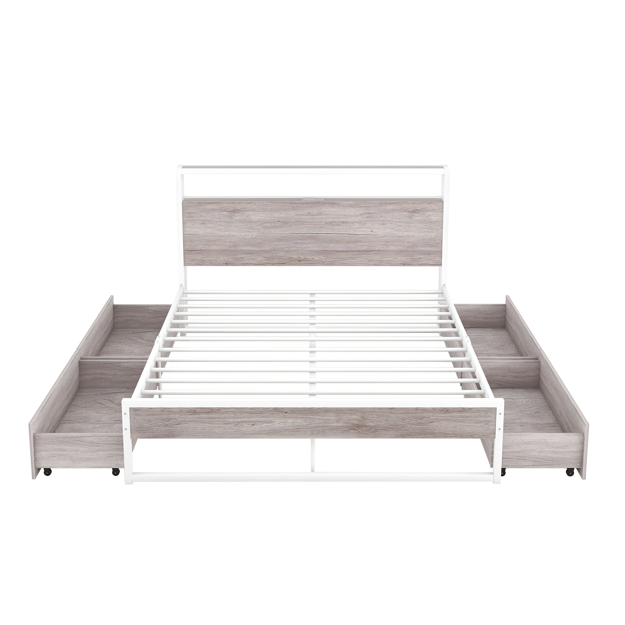 Queen Size Metal Platform Bed Frame with Four Drawers,Sockets and USB Ports ,Slat Support No Box Spring Needed White