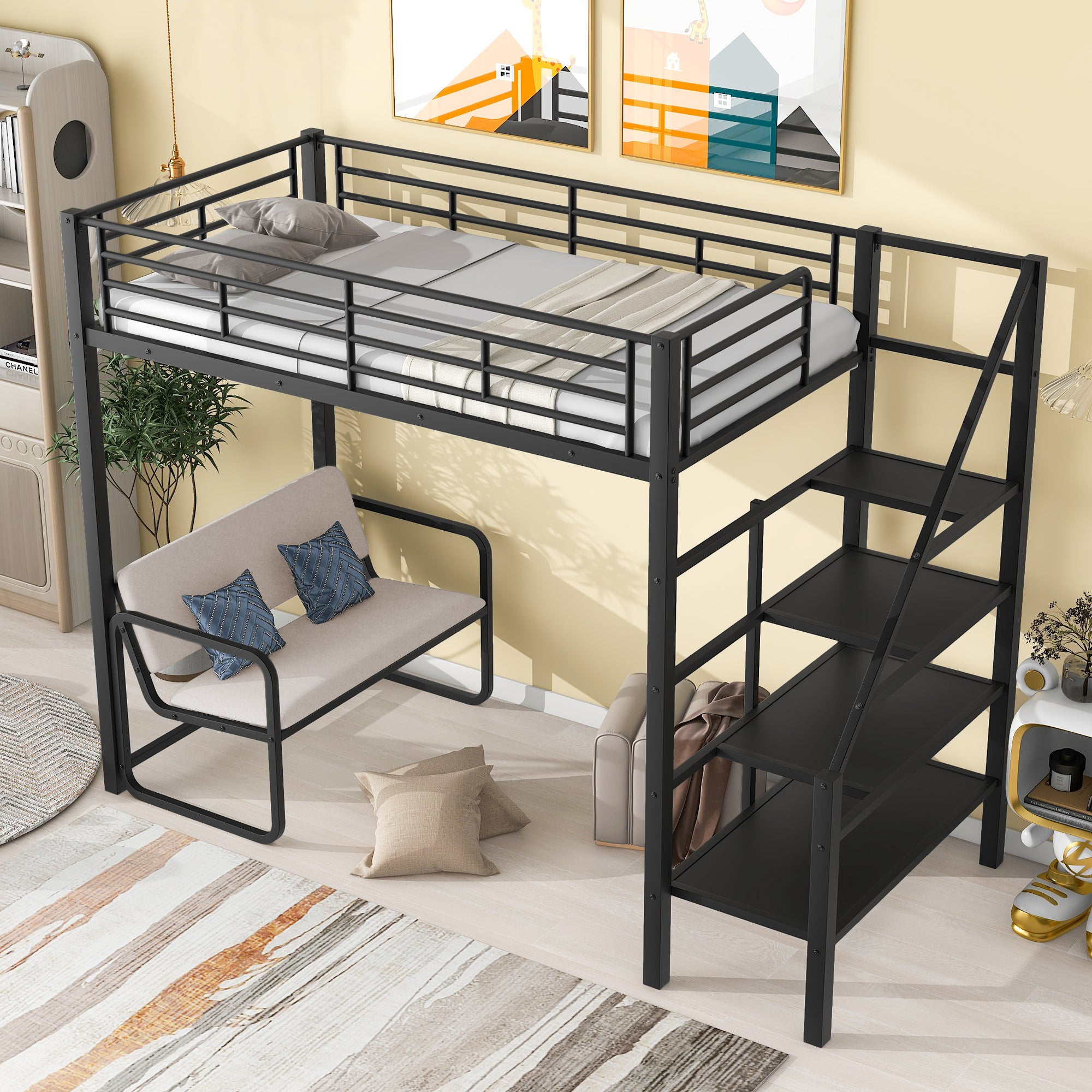 Twin Size Metal Loft Bed with Bench and Storage Staircase, Black - Atlantic Fine Furniture Melbourne FL