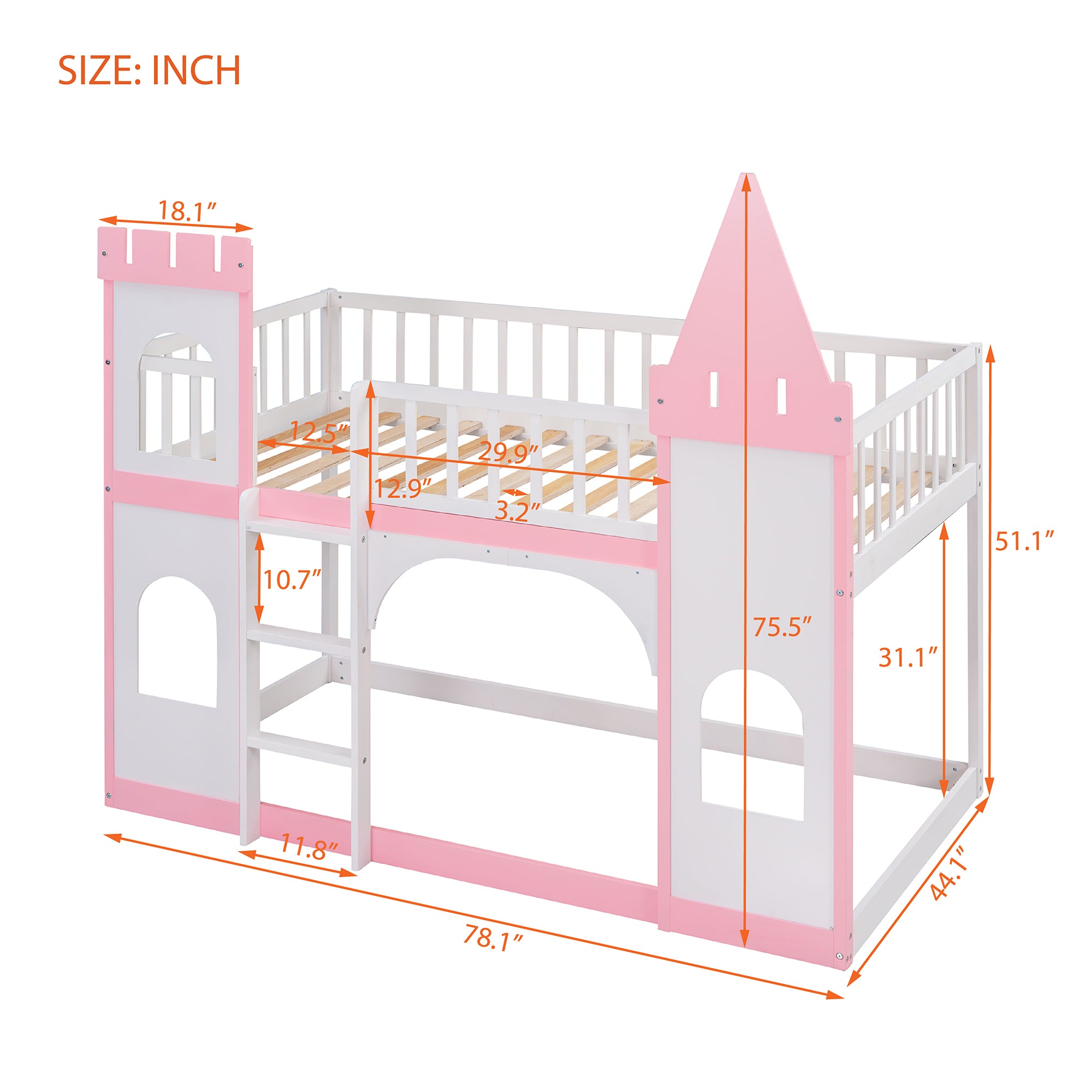 Twin Over Twin Castle Bunk Bed with Ladder - Pink - Atlantic Fine Furniture Melbourne FL