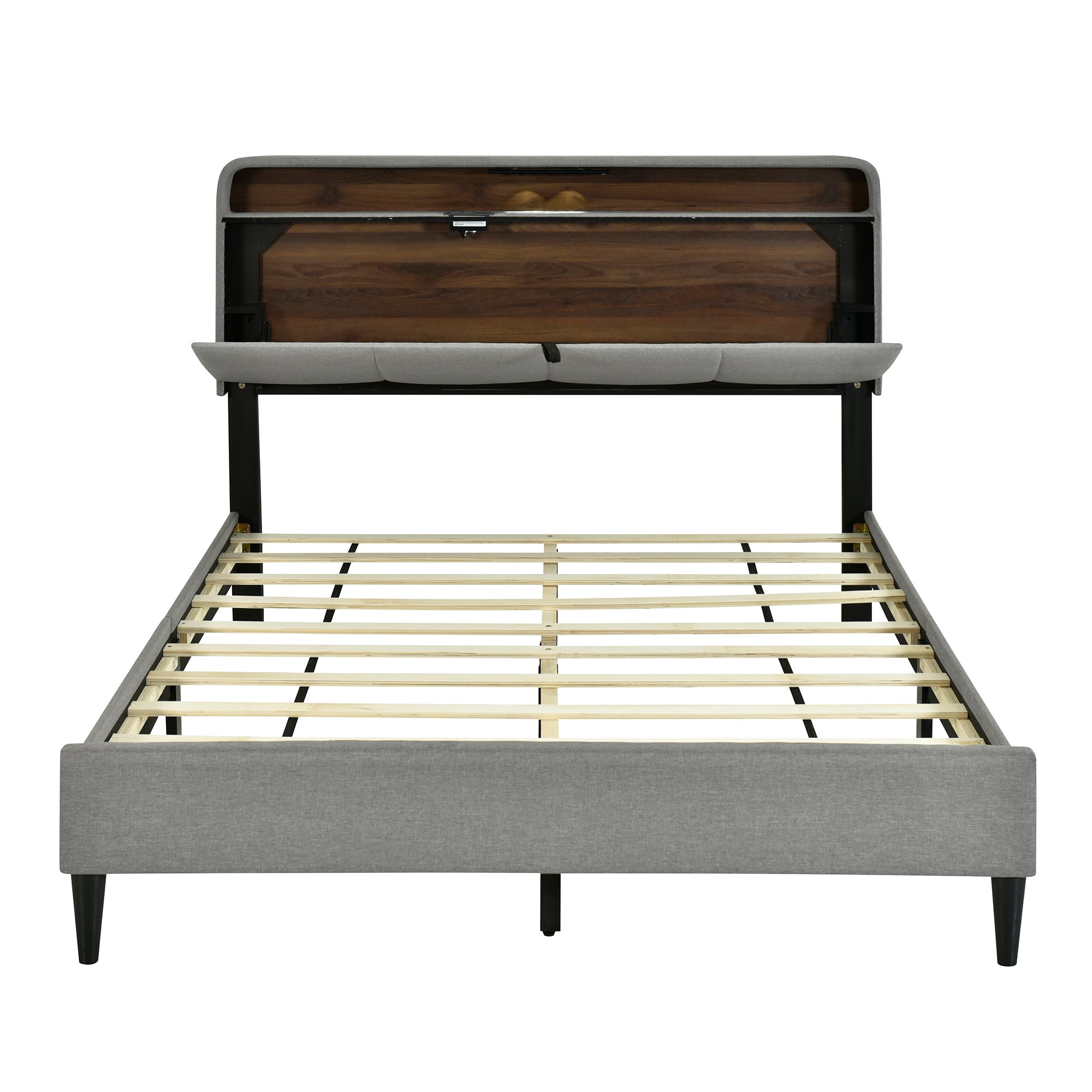 Queen size Upholstered Platform Bed with Storage Headboard, Sensor Light and a set of Sockets and USB Ports, Linen Fabric, Gray - Atlantic Fine Furniture Melbourne FL