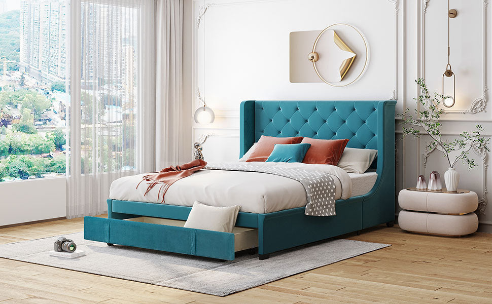 Queen Size Storage Bed Velvet Upholstered Platform Bed with Wingback Headboard and a Big Drawer (Blue) - Atlantic Fine Furniture Melbourne FL