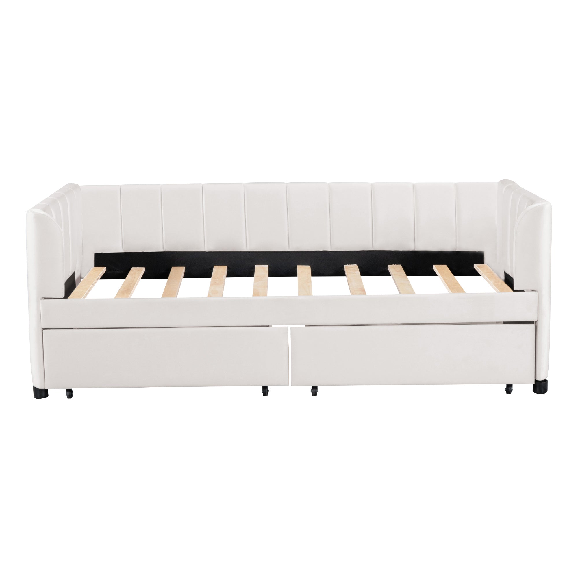 Twin Size Upholstered Daybed with Ergonomic Design Backrest and 2 Drawers, Beige - Atlantic Fine Furniture Melbourne FL