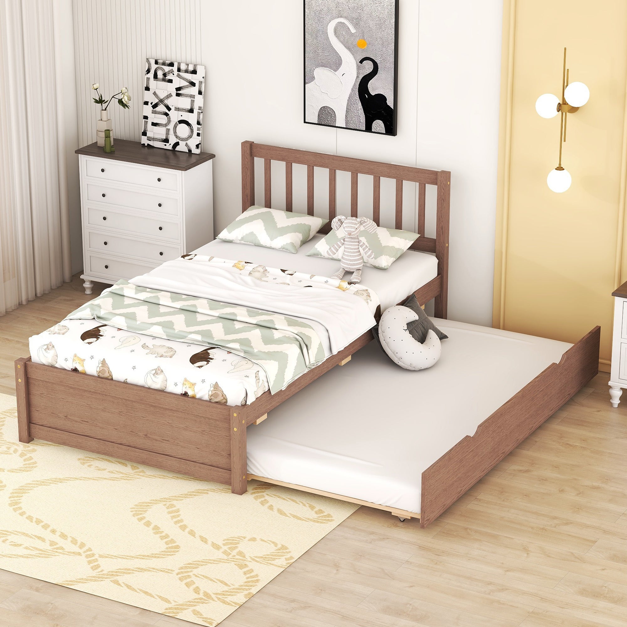 Modern Design Wooden Twin Size Platform Bed Frame with Trundle for Walnut Color - Atlantic Fine Furniture Melbourne FL
