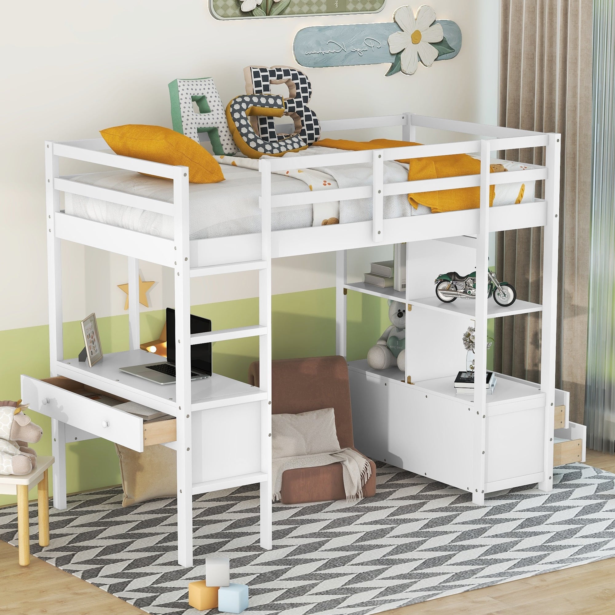 Twin Size Loft Bed with Built-in Desk with Two Drawers, and Storage Shelves and Drawers,White - Atlantic Fine Furniture Melbourne FL