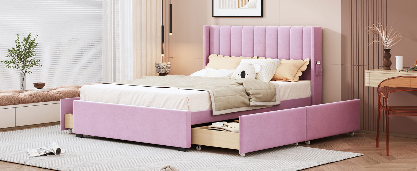Full Size Upholstered Bed with 4 Drawers, Pink - Atlantic Fine Furniture Melbourne FL
