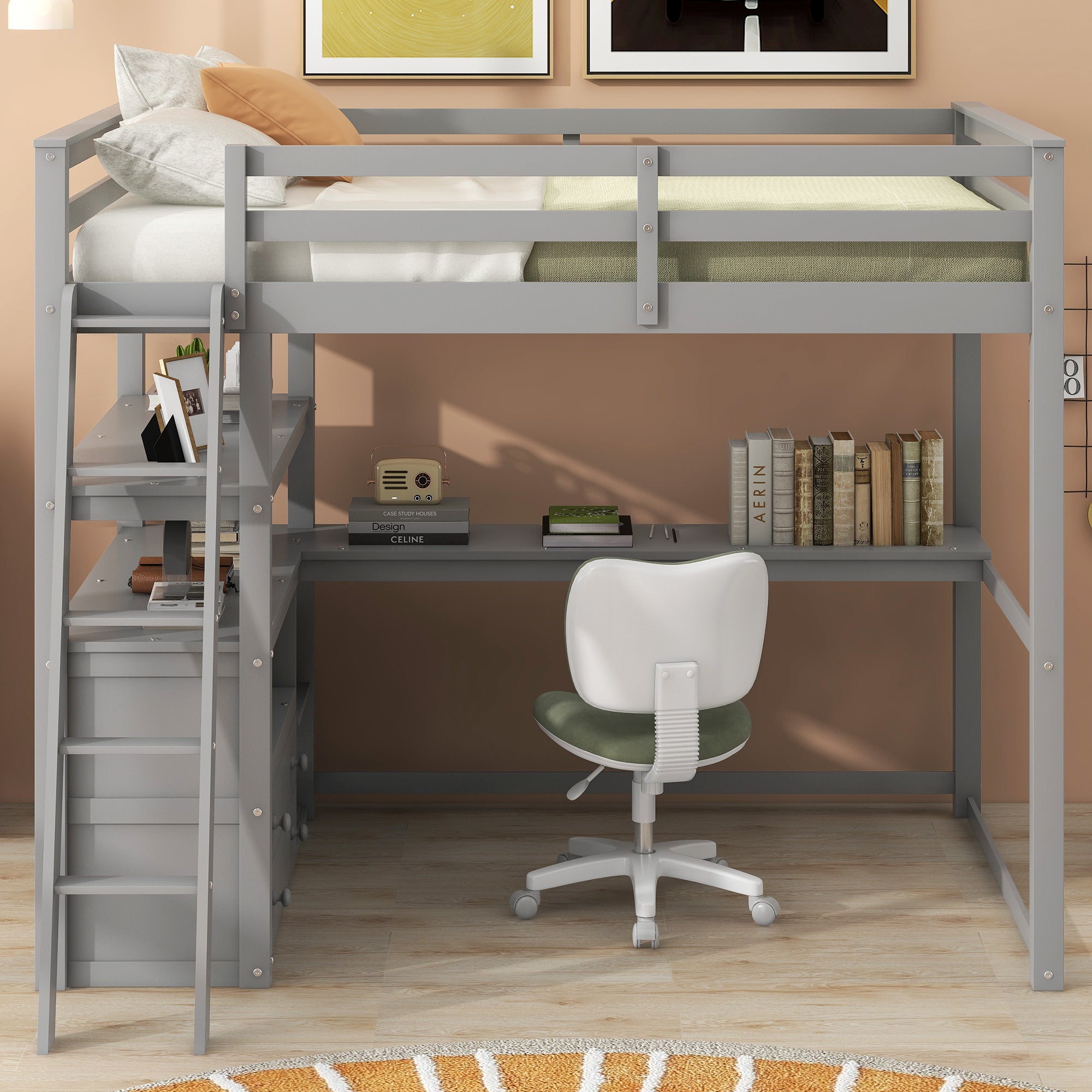 Full Size Loft Bed with Desk and Shelves,Two Built-in Drawers,Gray(Old SKU: GX000416AAE) - Atlantic Fine Furniture Melbourne FL