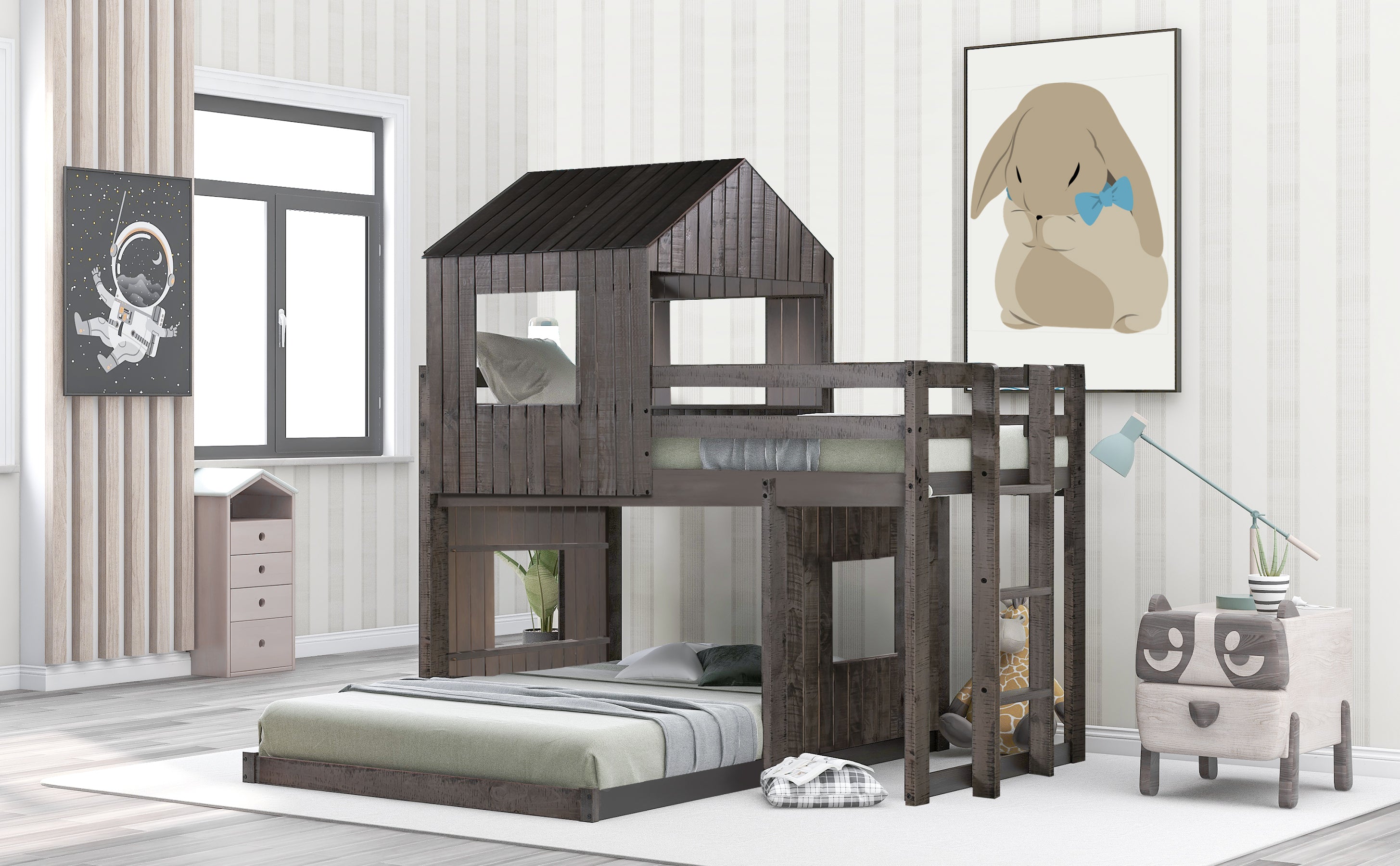 Wooden Twin Over Full Bunk Bed, Loft Bed with Playhouse, Farmhouse, Ladder and Guardrails , Antique Gray( old sku: LT000027AAE ) - Atlantic Fine Furniture Melbourne FL