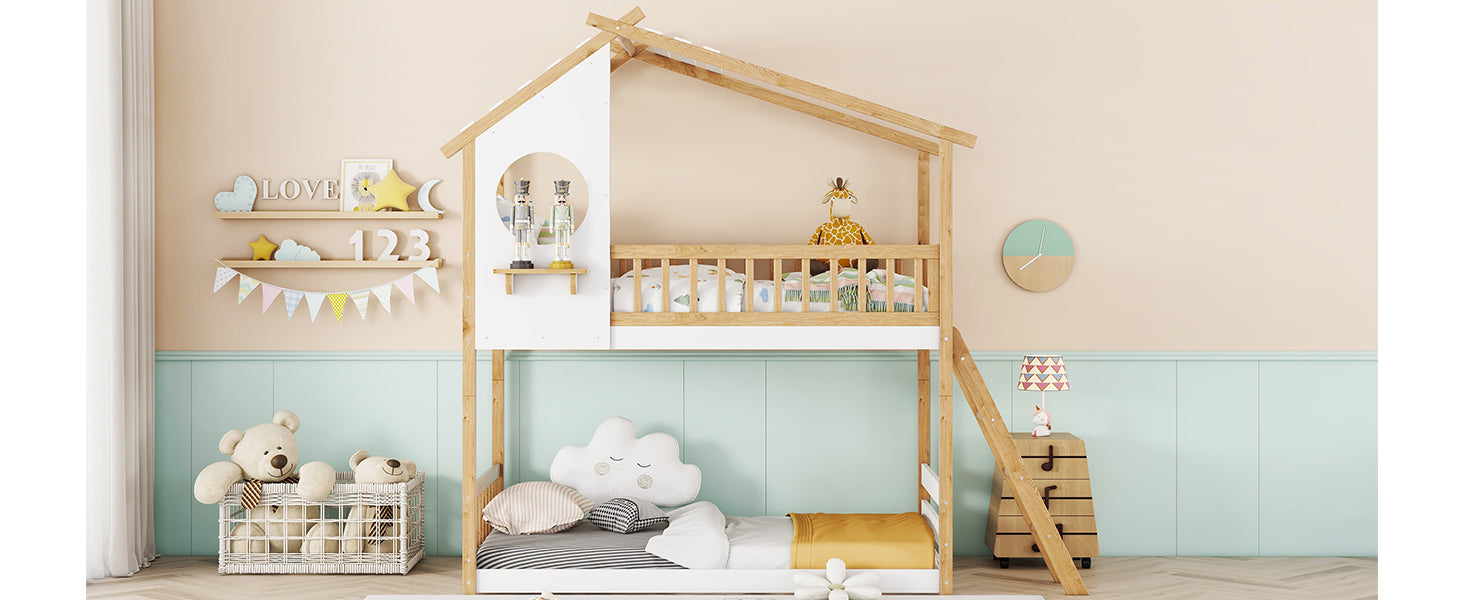 Twin Over Twin Bunk Bed Wood Bed with Roof, Window, Ladder,Natural(OLD SKU :LT100008AAD) - Atlantic Fine Furniture Melbourne FL