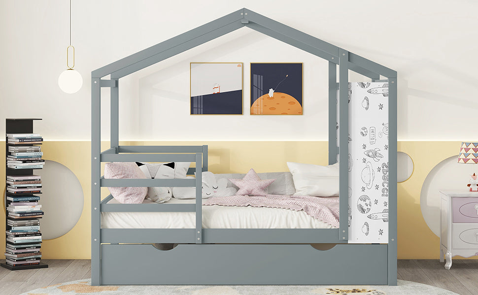 Twin Size Wood House Bed with Fence and Writing Board, Gray - Atlantic Fine Furniture Melbourne FL