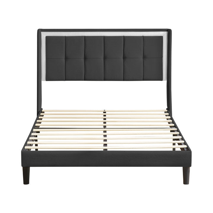 Queen Size Upholstered platform bed frame with headboard and sturdy wooden slats, high load-bearing capacity, non-slip and noiseless, no springs required, easy to assemble, dark gray bed - Atlantic Fine Furniture Melbourne FL