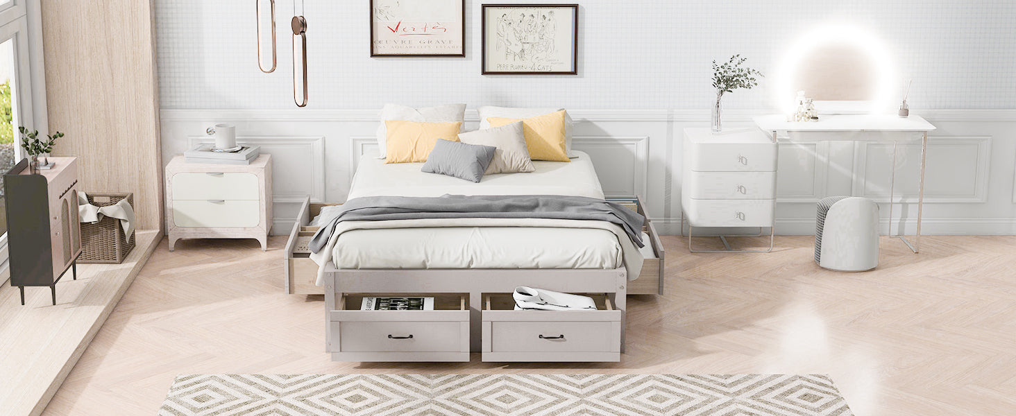 Full Size Platform Bed with 6 Storage Drawers,Antique White - Atlantic Fine Furniture Melbourne FL