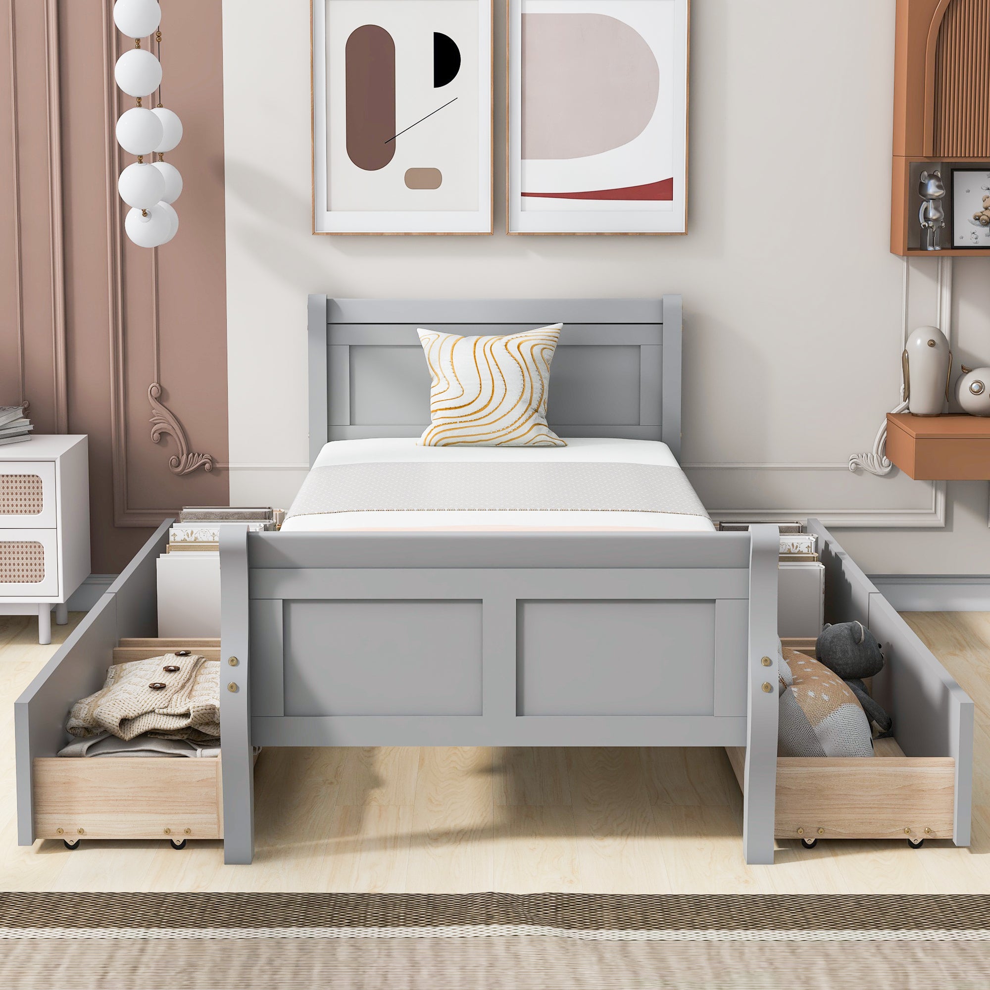Twin Size Wood Platform Bed with 4 Drawers and Streamlined Headboard & Footboard, Gray - Atlantic Fine Furniture Melbourne FL