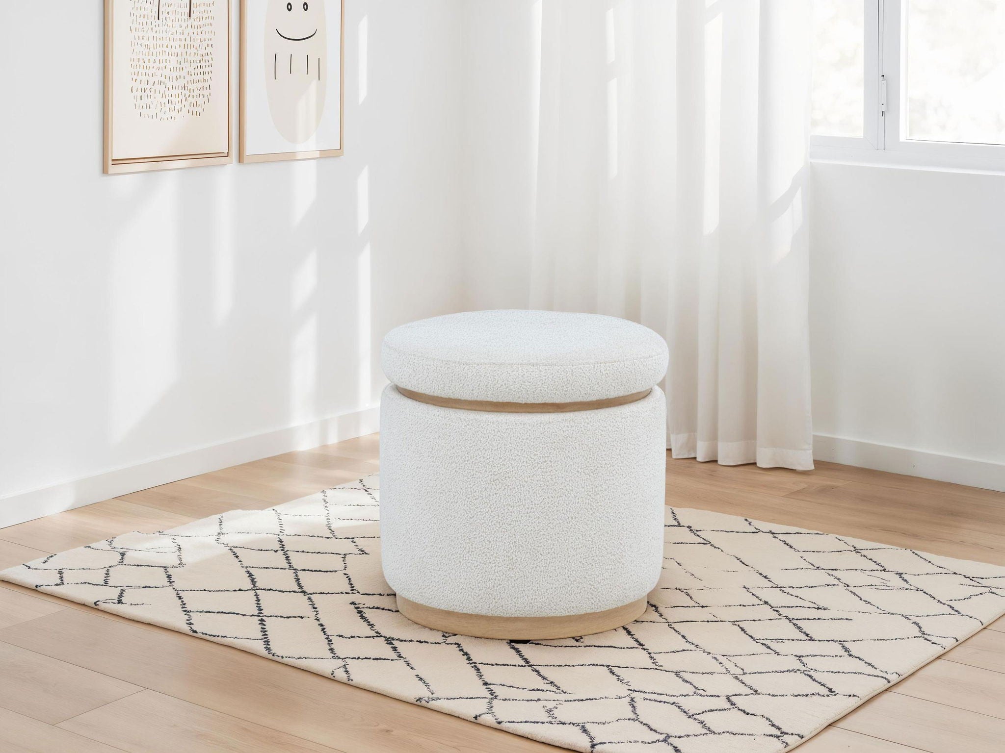 Remuda Boucle Upholstered Round Storage Ottoman Ivory
