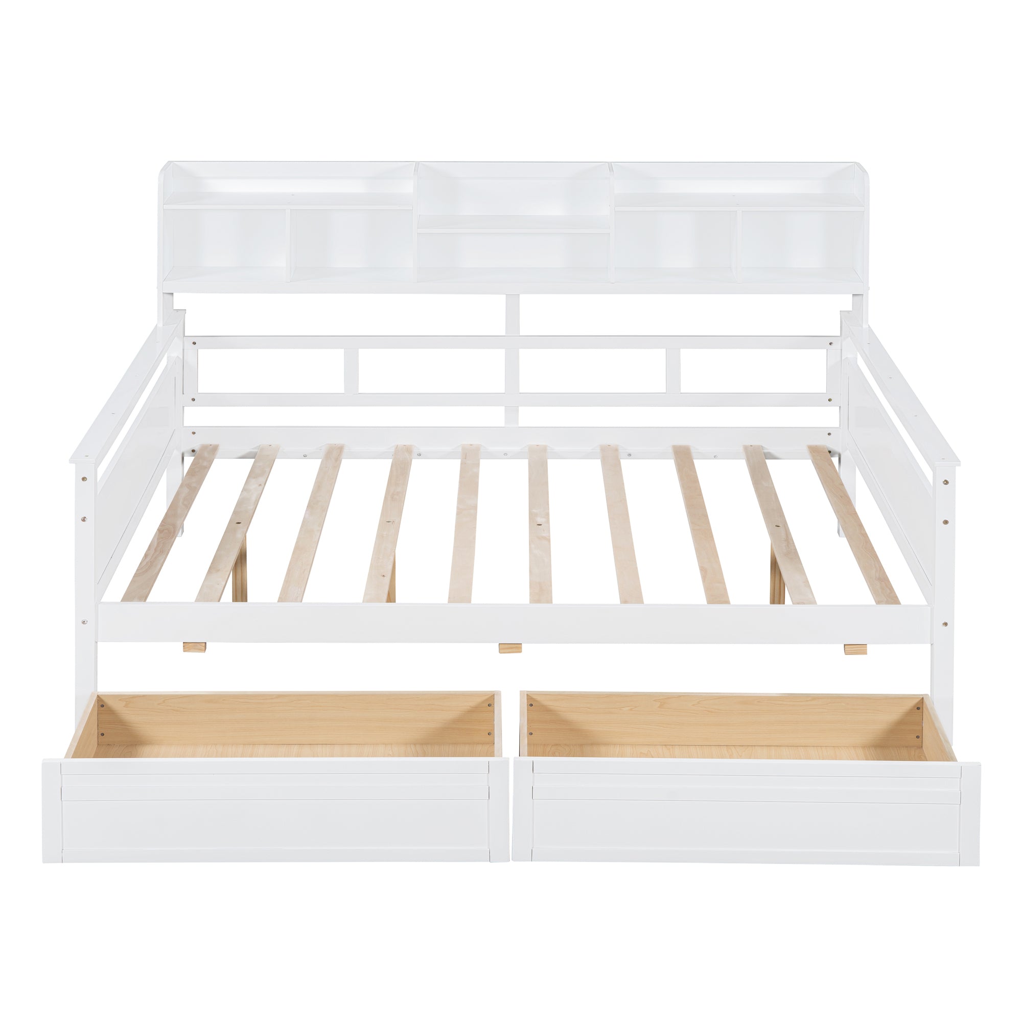 Full size Daybed, Wood Slat Support, with Bedside Shelf and Two Drawers, White - Atlantic Fine Furniture Melbourne FL