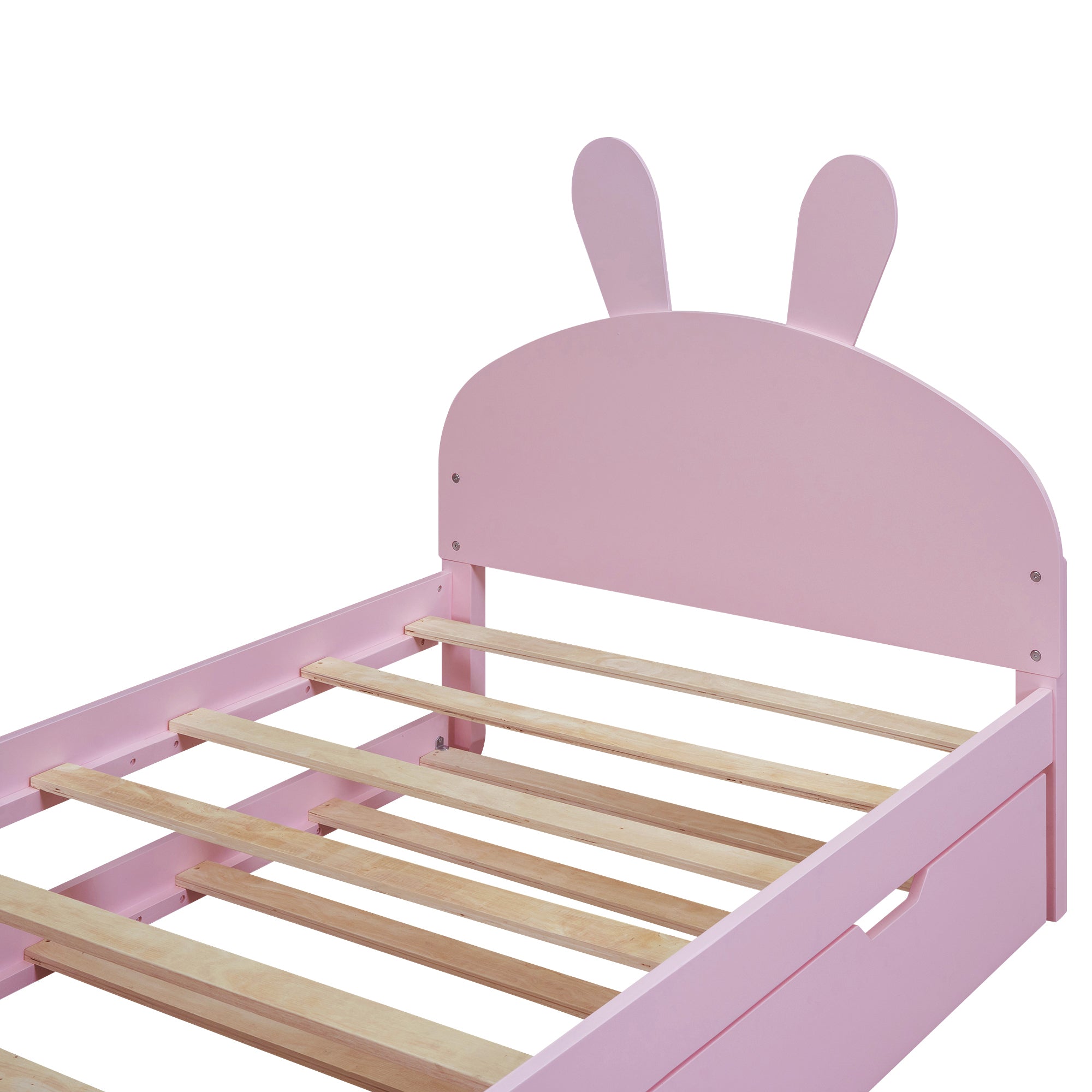 Wood Twin Size Platform Bed with Cartoon Ears Shaped Headboard and Trundle, Pink - Atlantic Fine Furniture Melbourne FL