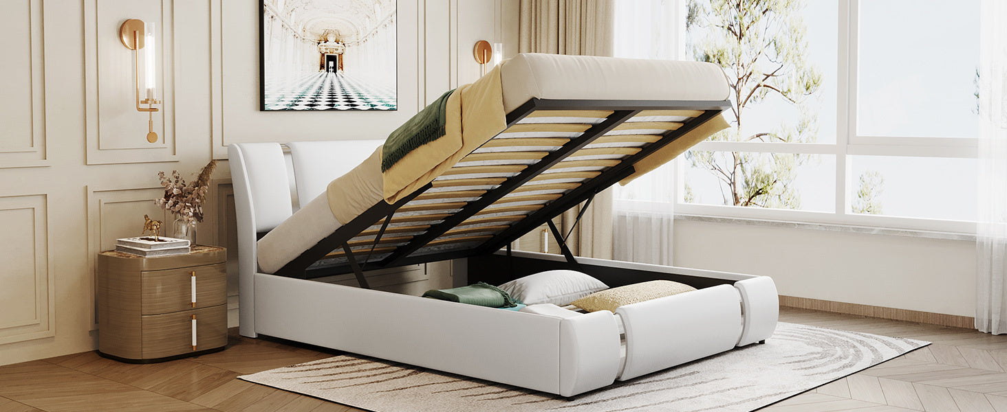 Queen Size Upholstered Faux Leather Platform bed with a Hydraulic Storage System, White - Atlantic Fine Furniture Melbourne FL