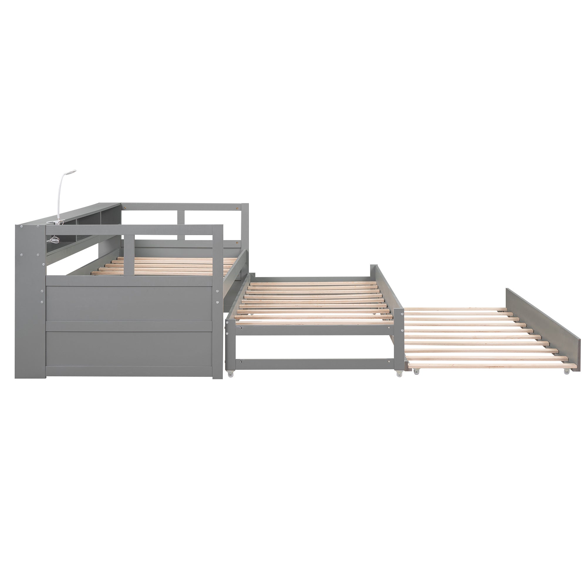 Twin XL Wood Daybed with 2 Trundles, 3 Storage Cubbies, 1 Light for Free and USB Charging Design, Gray - Atlantic Fine Furniture Melbourne FL